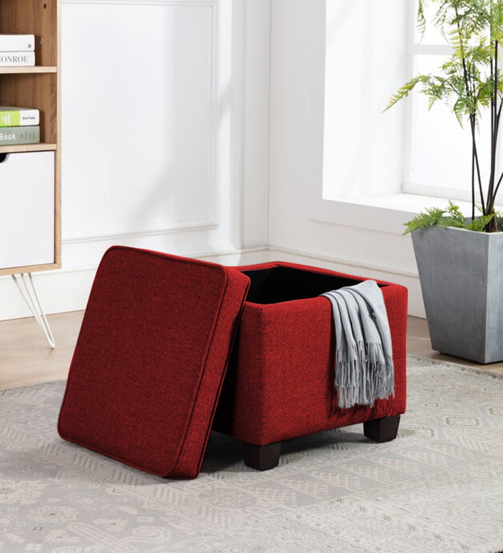 Sudan Fabric Storage Ottoman in Blood Maroon Colour