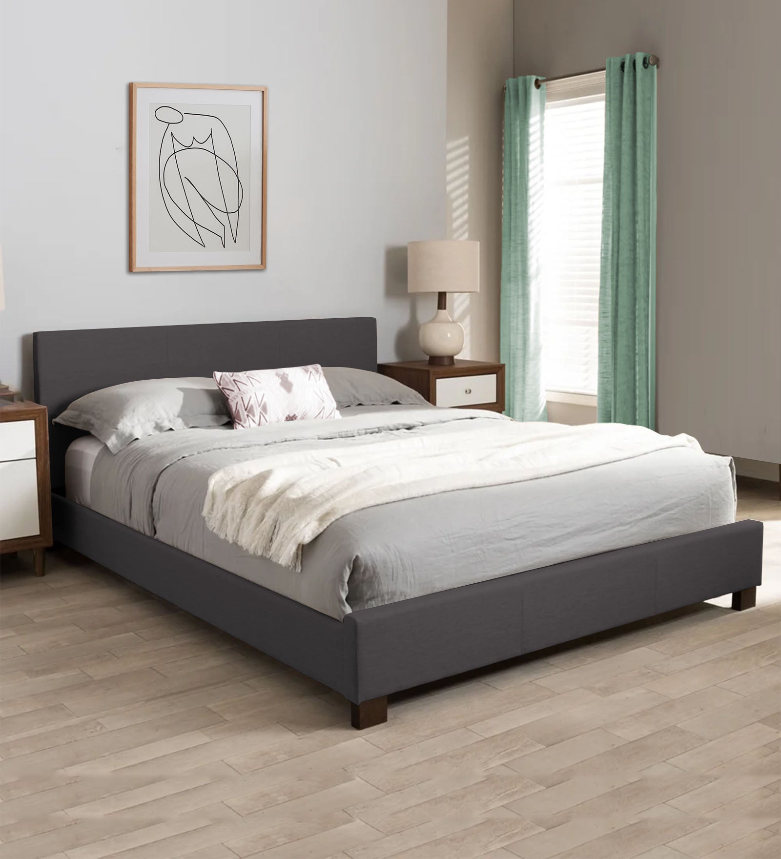 Lora Fabric Queen Size Bed in Maba Grey Colour