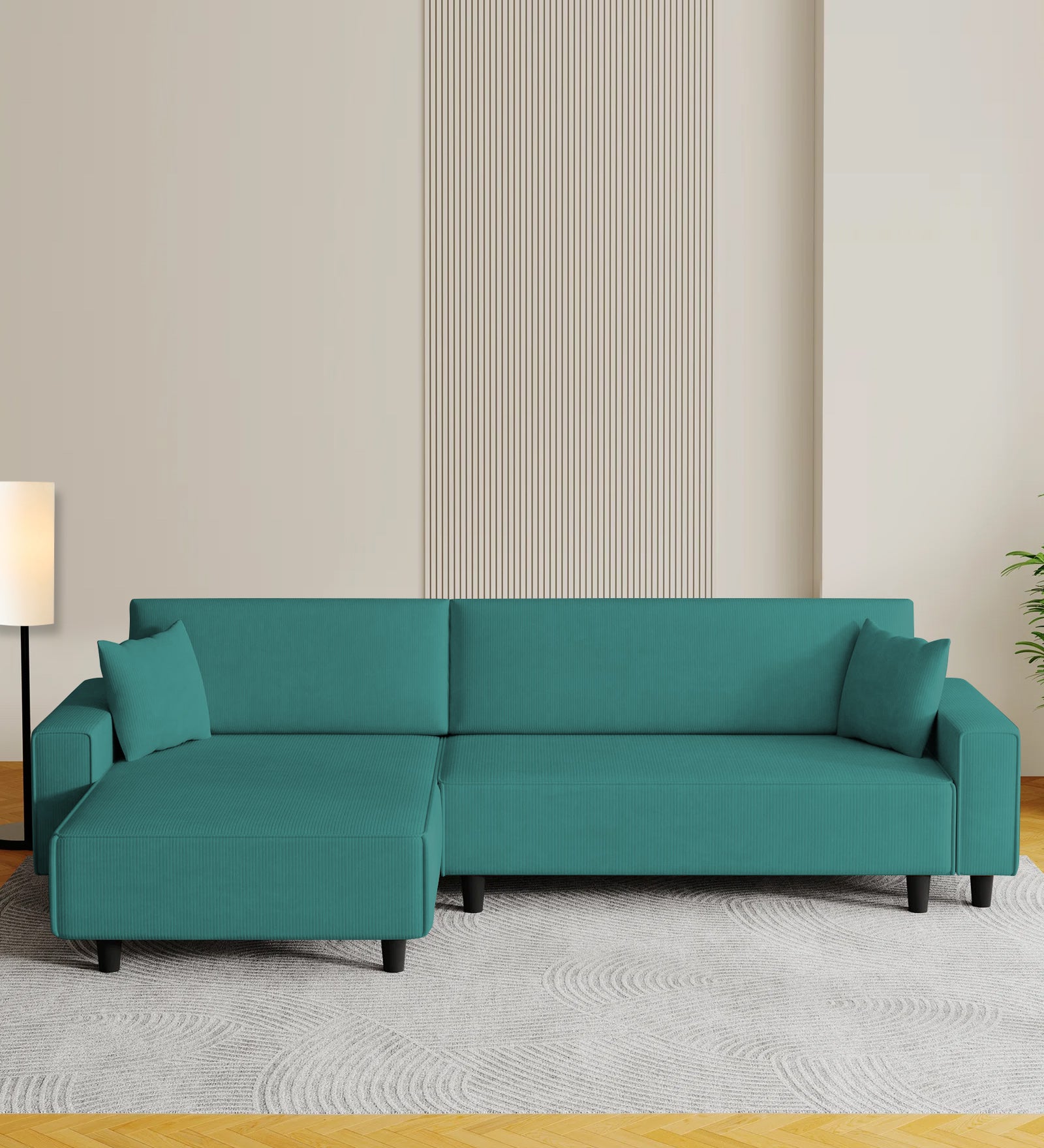 Peach Fabric RHS 6 Seater Sectional Sofa Cum Bed With Storage In Sea Green Colour