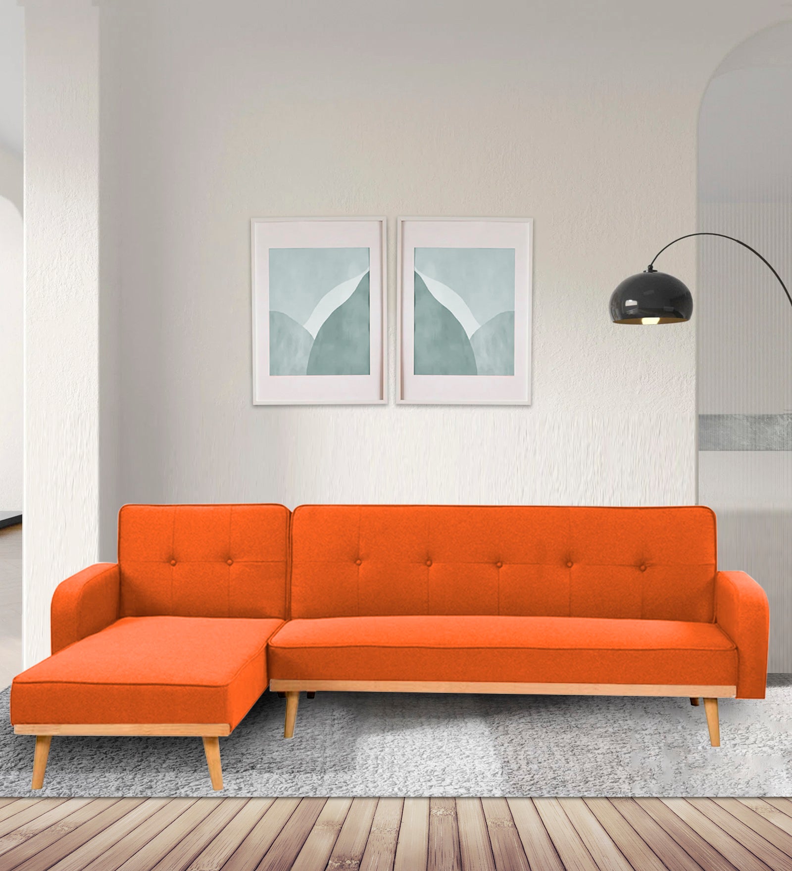 Zuno Fabric RHS Sectional + Sofa Cum Bed In Vivid Orange Colour