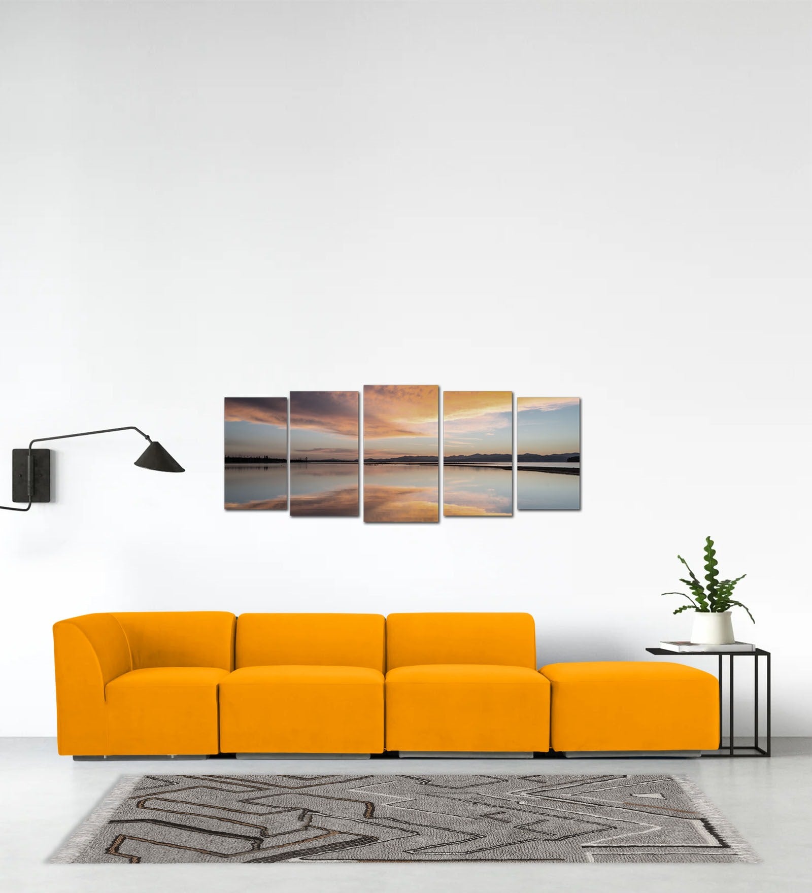 Bufa Velvet RHS Sectional Sofa In Saffron Yellow Colour With Ottoman