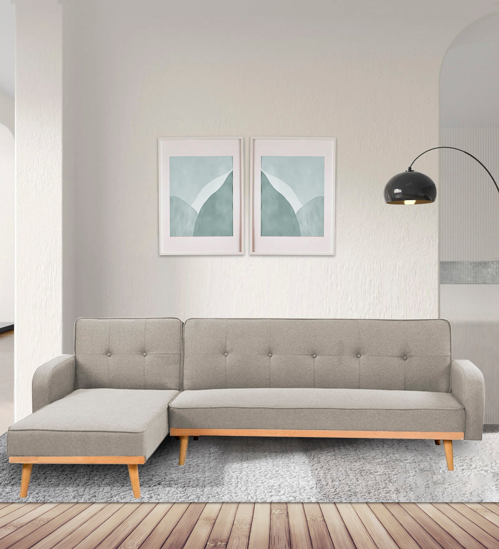 Zuno Fabric RHS Sectional + Sofa Cum Bed In Ash Grey Colour