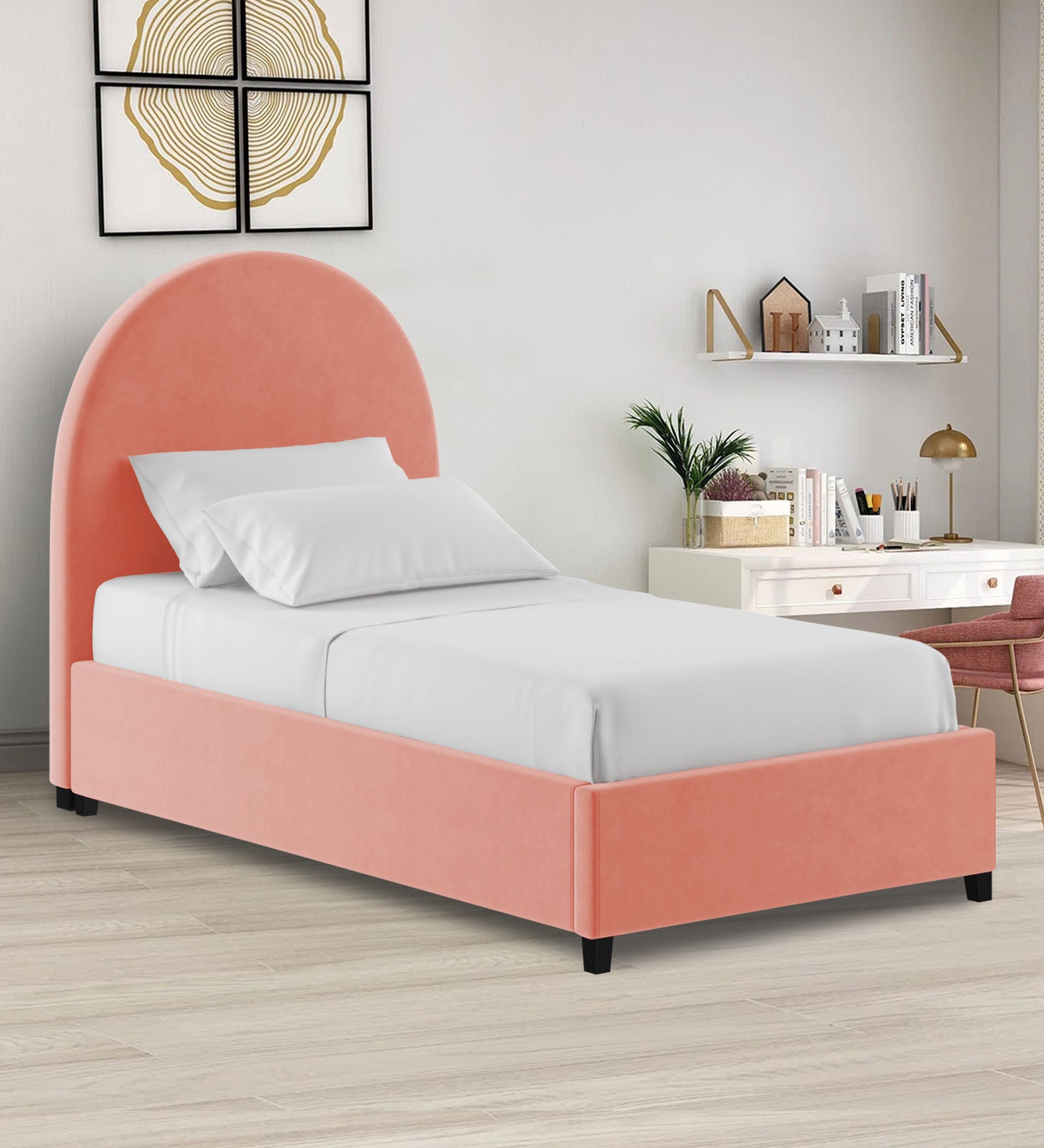 Maro Velvet Single Size Bed In Blush pink Colour