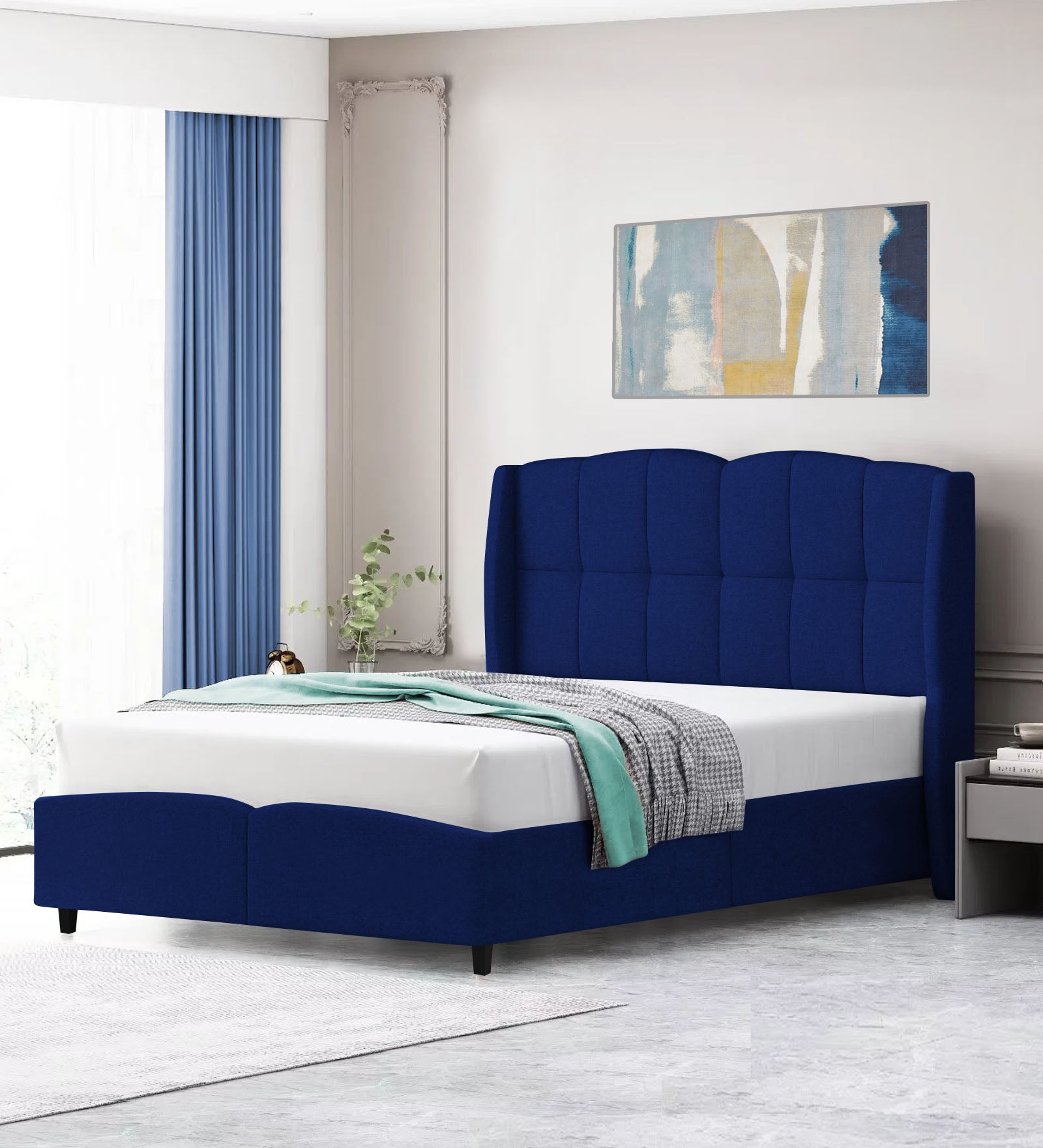 Jovi Velvet Queen Size Bed In Royal Blue In Colour