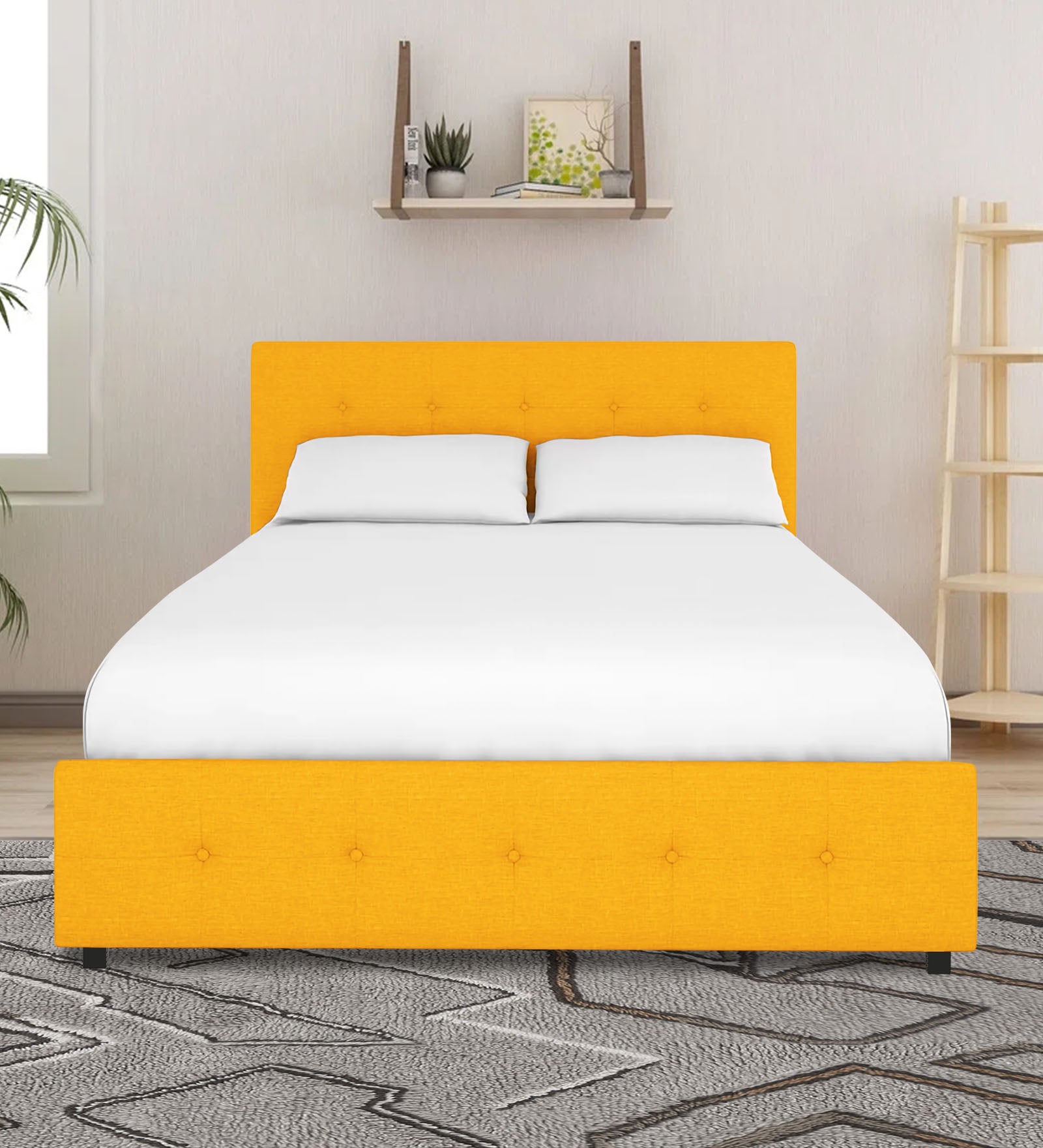 Lido Fabric Queen Size Bed In Bold Yellow Colour With Storage