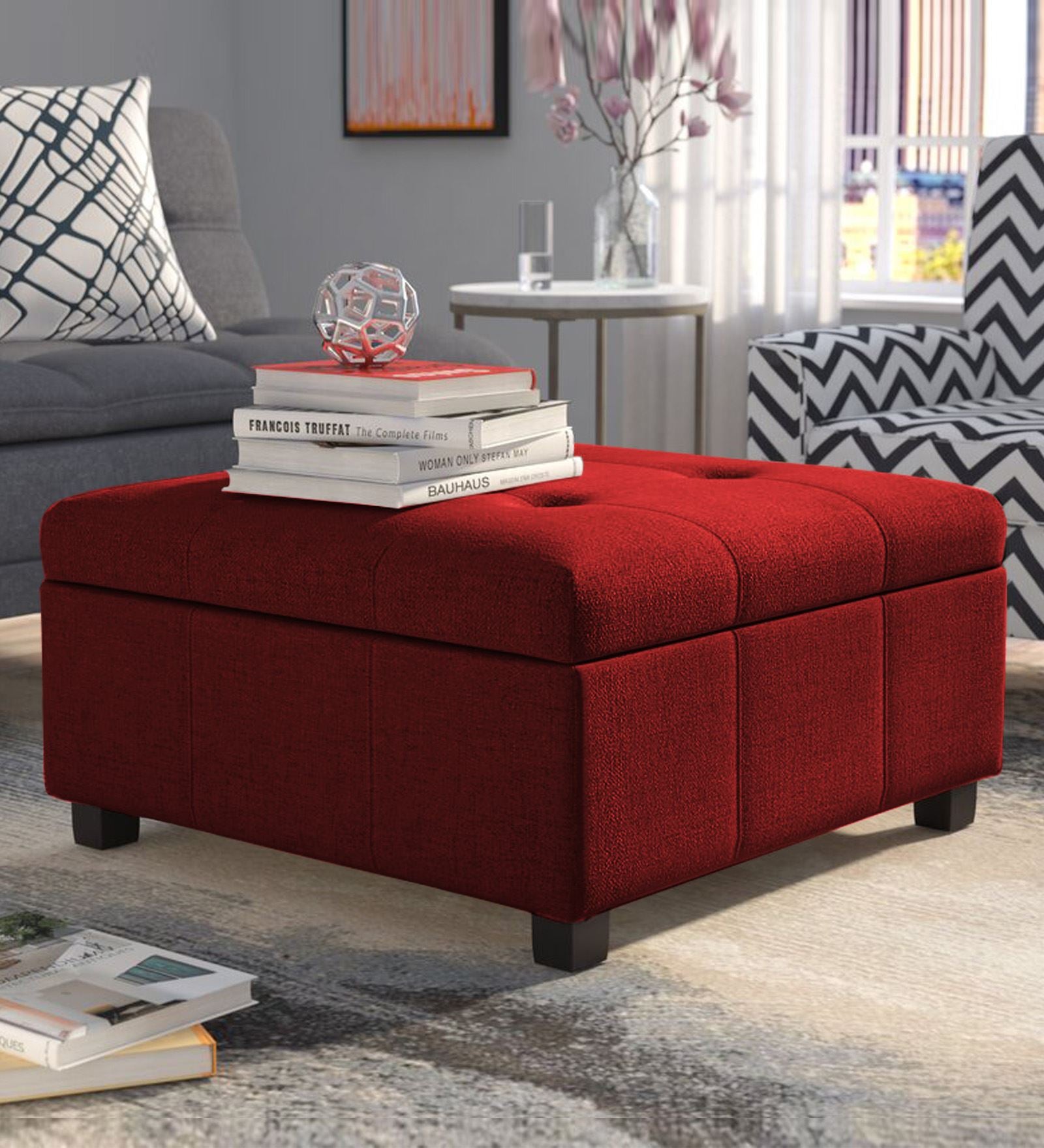 Mubila Fabric Ottoman In Blood Maroon Colour With Storage