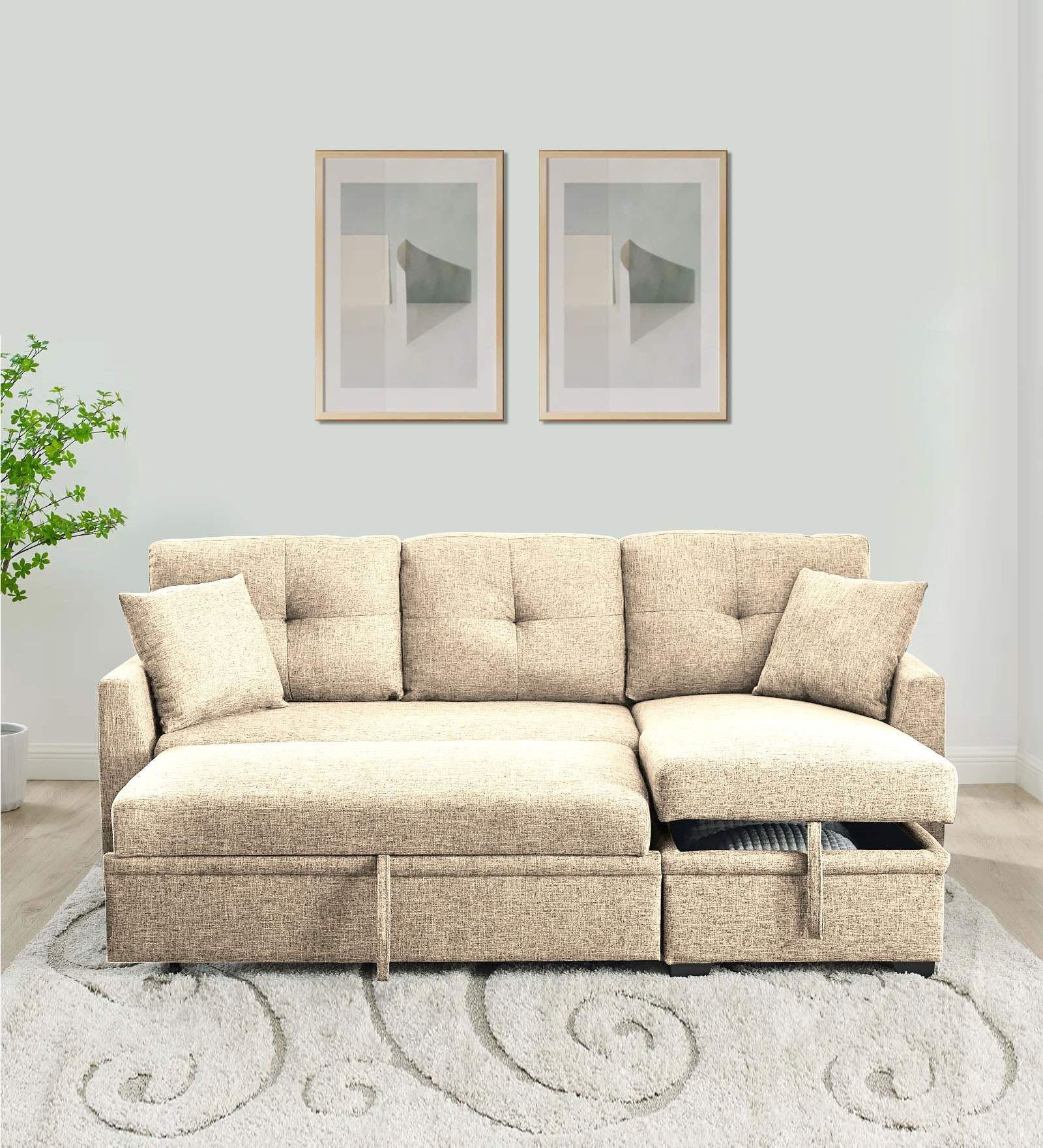 Jody Fabric 3 Seater Pull Out Sofa Cum Bed In Ivory Beige Colour