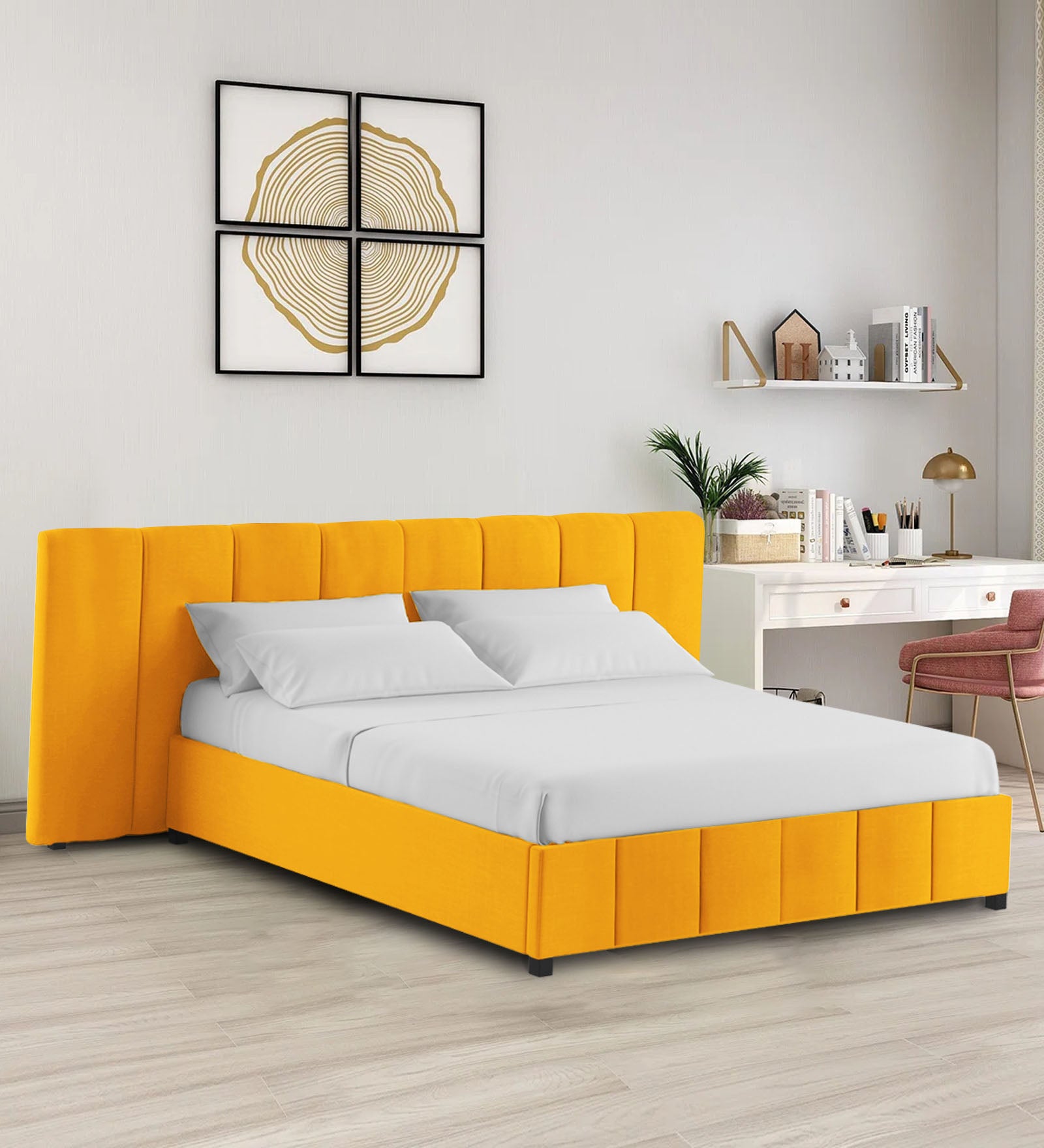 Nora Fabric Queen Size Bed In Bold Yellow Colour