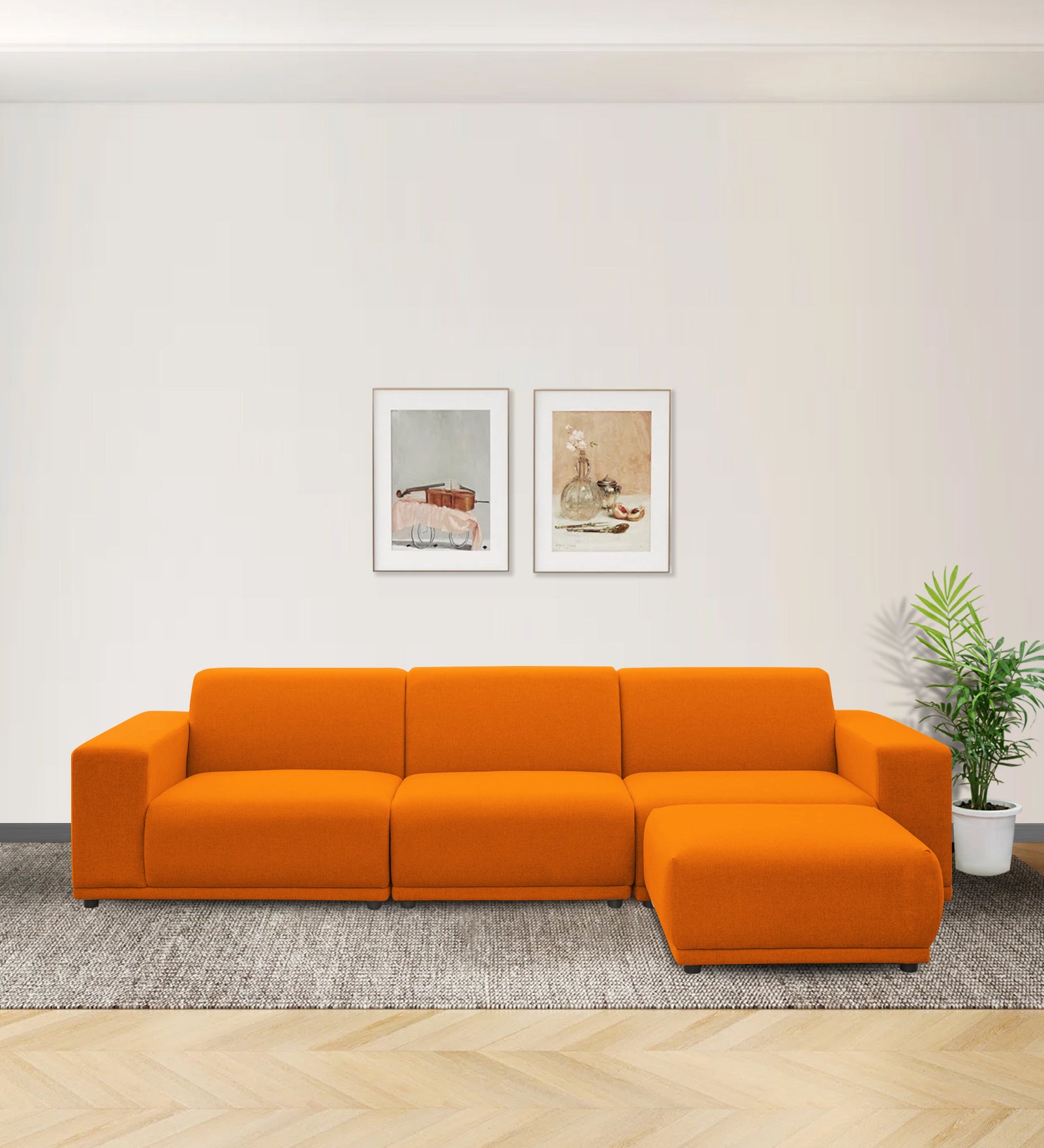 Adam Fabric LHS Sectional Sofa (3 + Lounger) In Vivid Orange Colour