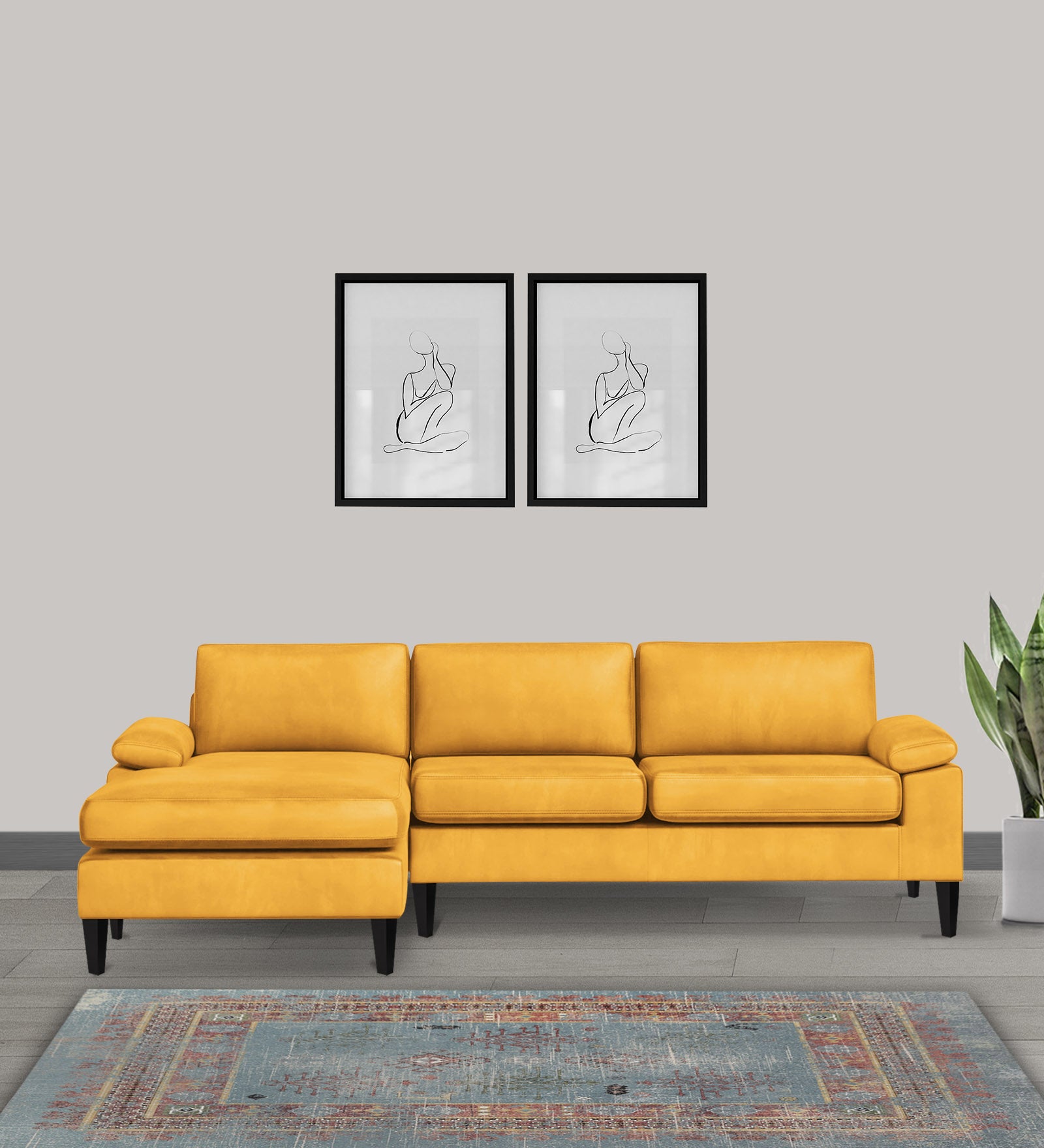 Vegas Velvet RHS Sectional Sofa (3+Lounger) In Turmeric yellow Colour