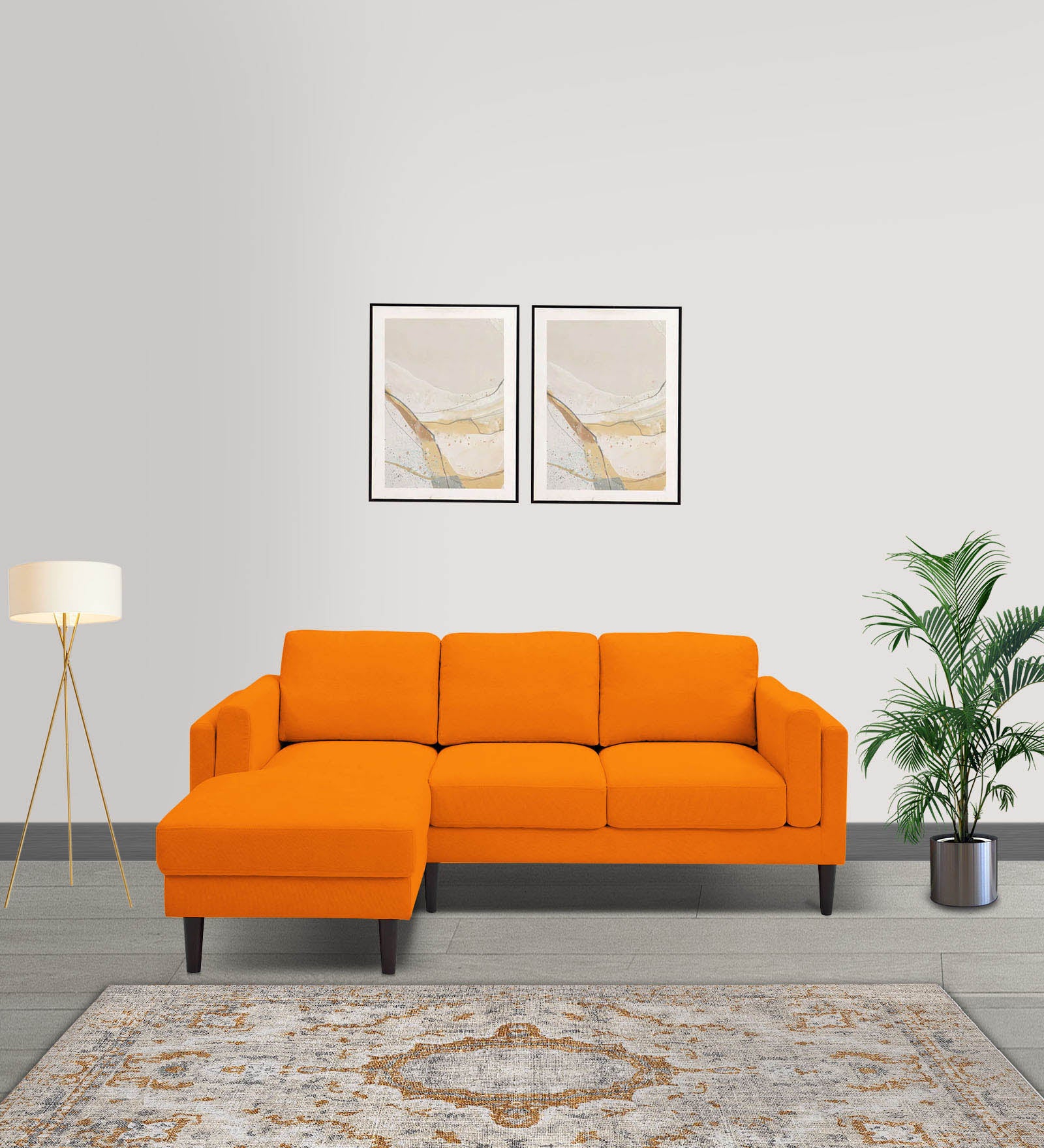 Creata Fabric RHS Sectional Sofa (2+Lounger) in Vivid Orange Colour by Febonic