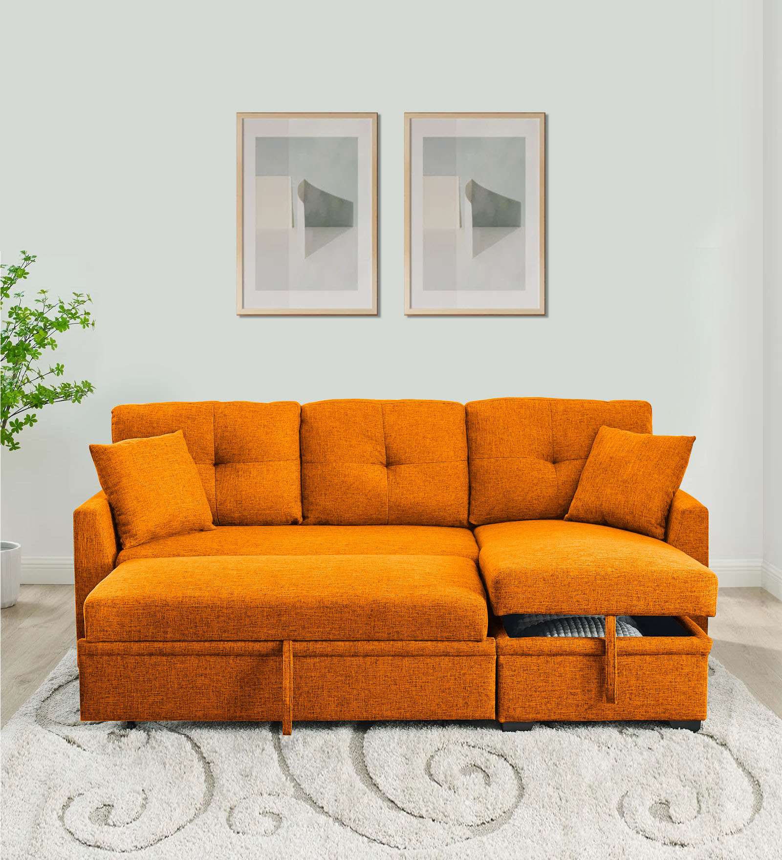 Jody Fabric 3 Seater Pull Out Sofa Cum Bed In Vivid Orange Colour