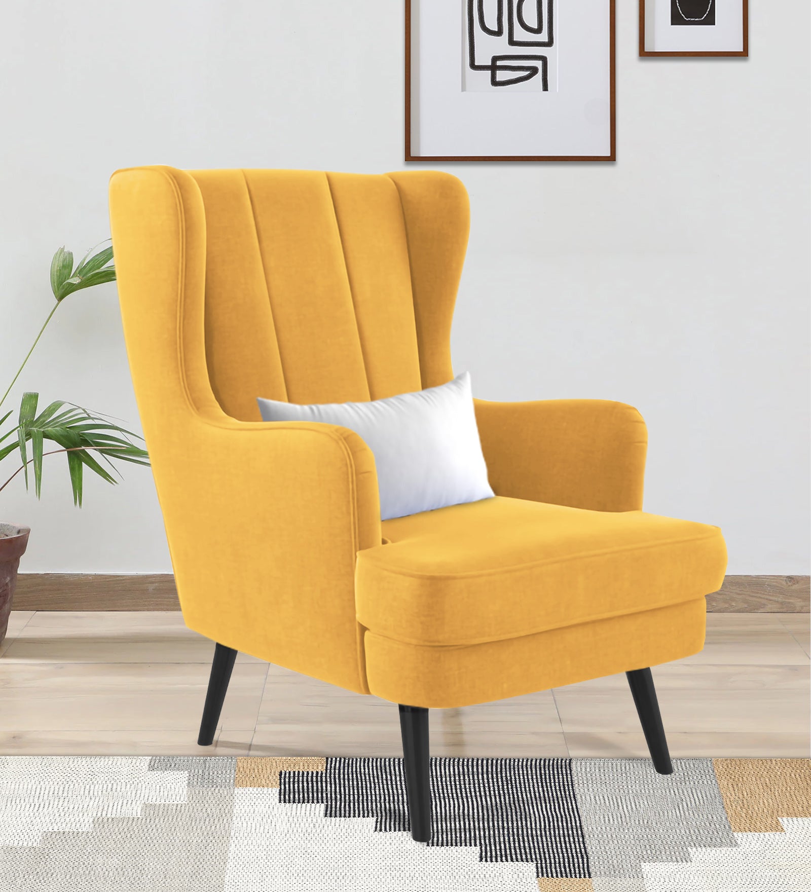 Niya Velvet 1 Seater Wing Chair in Turmeric yellow Colour