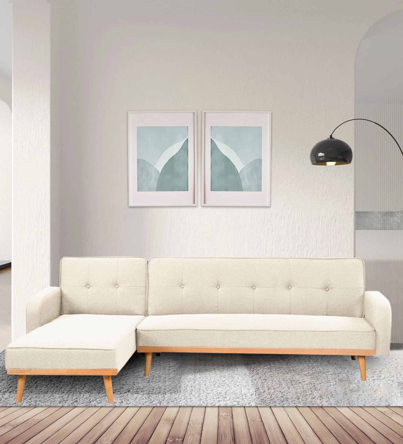 Zuno Fabric RHS Sectional + Sofa Cum Bed In Ivory Cream Colour