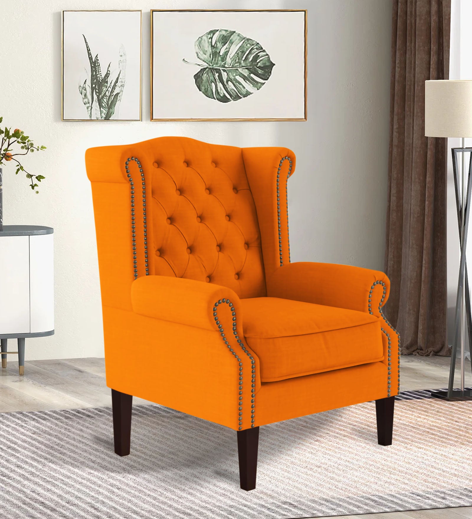 Neyub  Fabric Wing Chair in Vivid Orange Colour