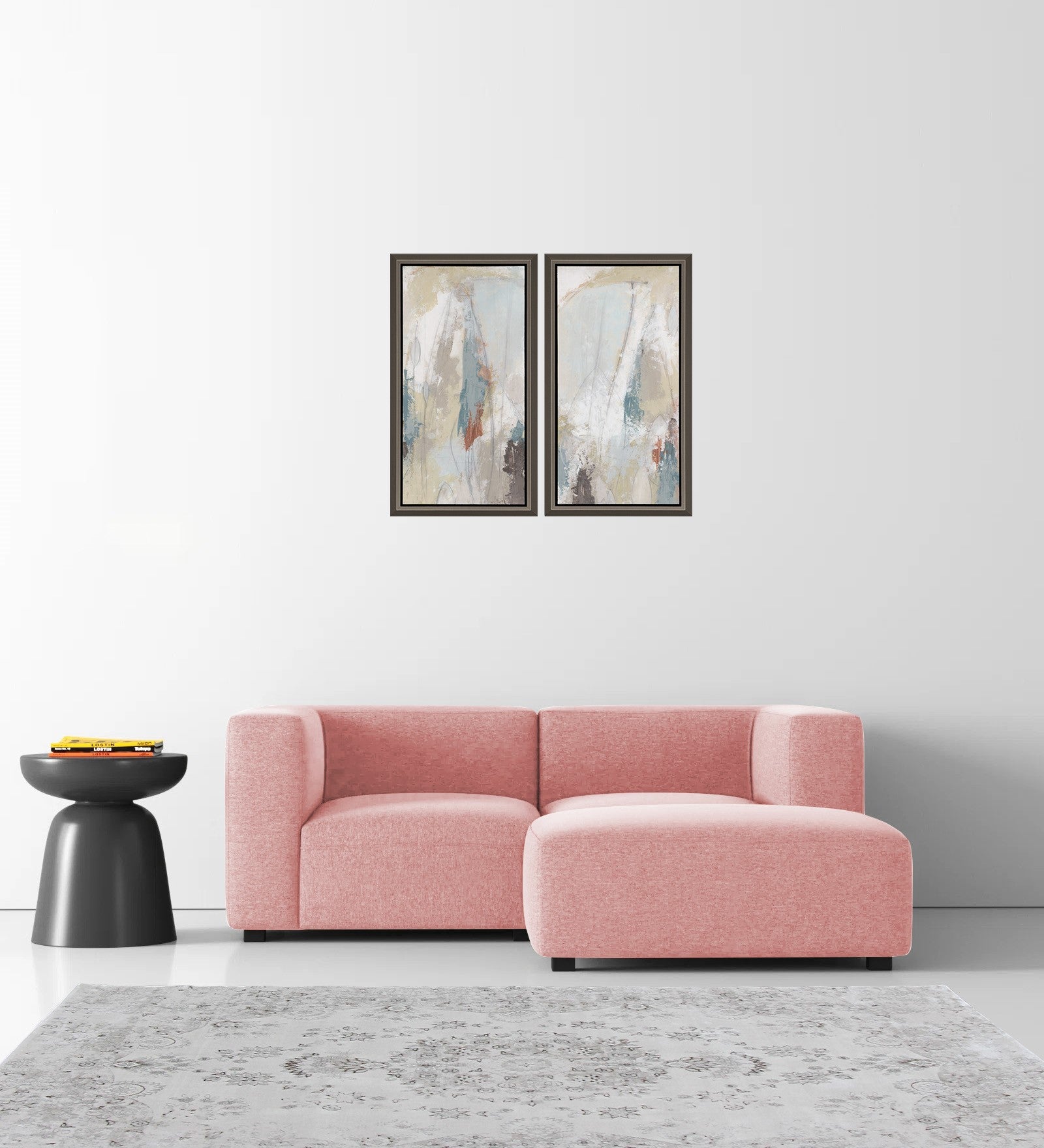 Dora Velvet LHS Sectional Sofa (2+Ottoman) In Millennial Pink Colour