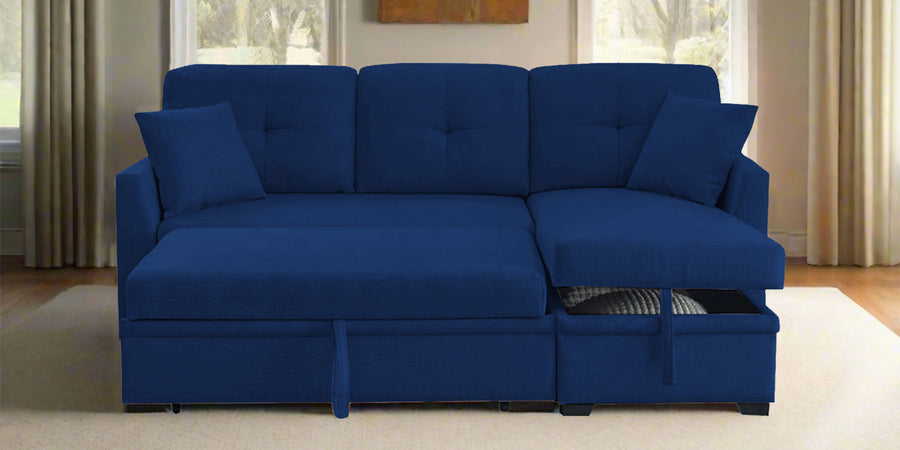 Jody Fabric 3 Seater Pull Out Sofa Cum Bed In Royal Blue Colour With Storage - Febonic Living