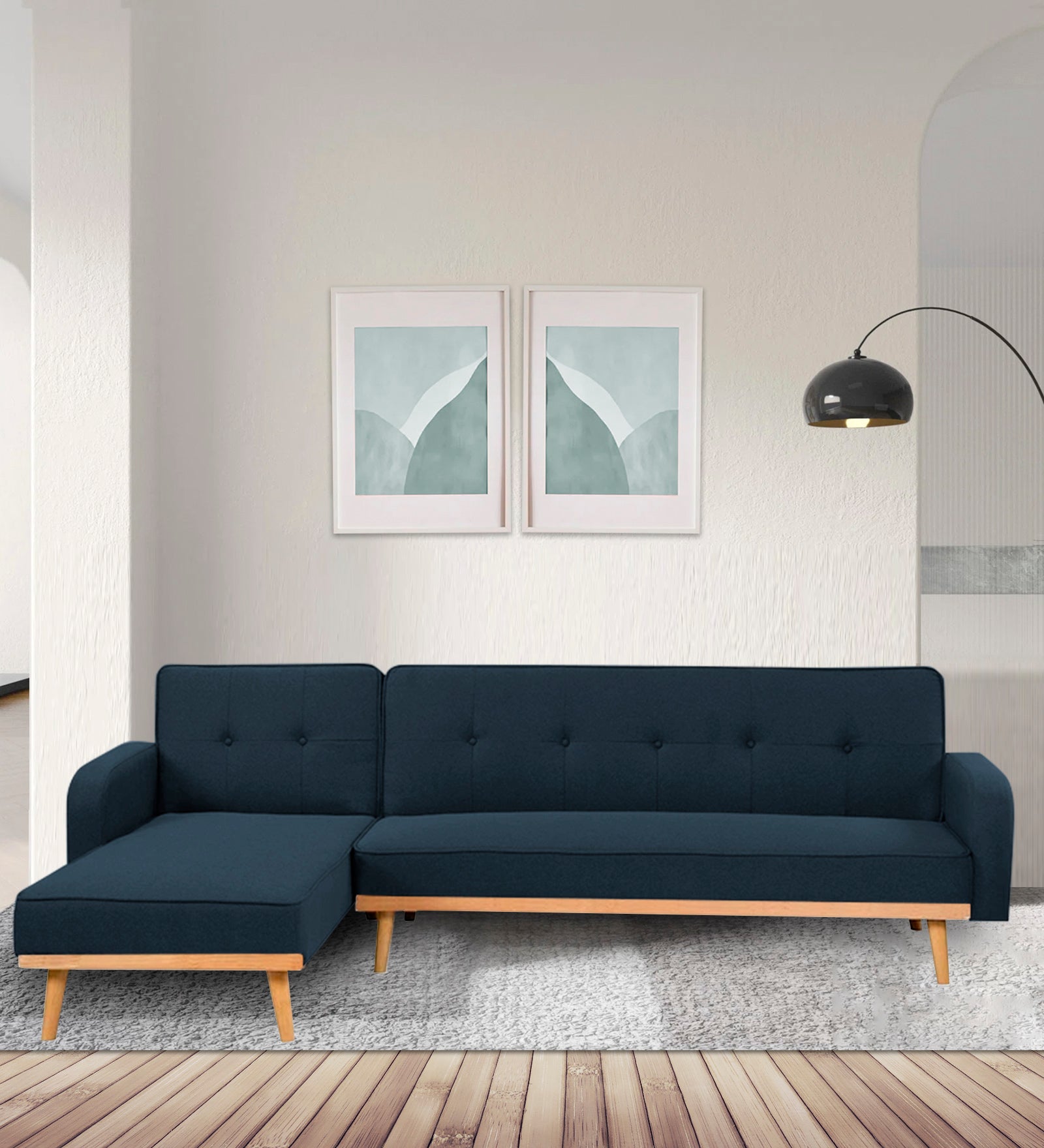 Zuno Fabric RHS Sectional + Sofa Cum Bed In Denim Blue Colour