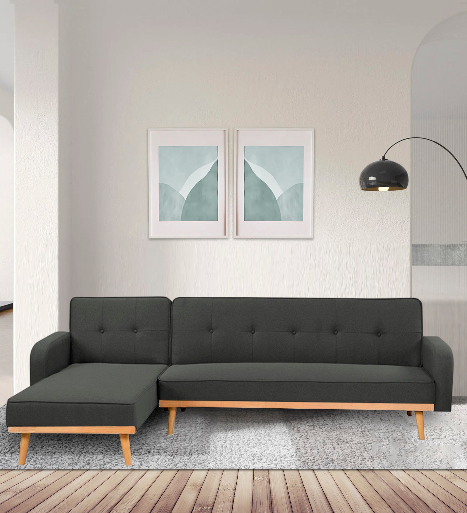 Zuno Fabric RHS Sectional + Sofa Cum Bed In Charcoal Grey Colour