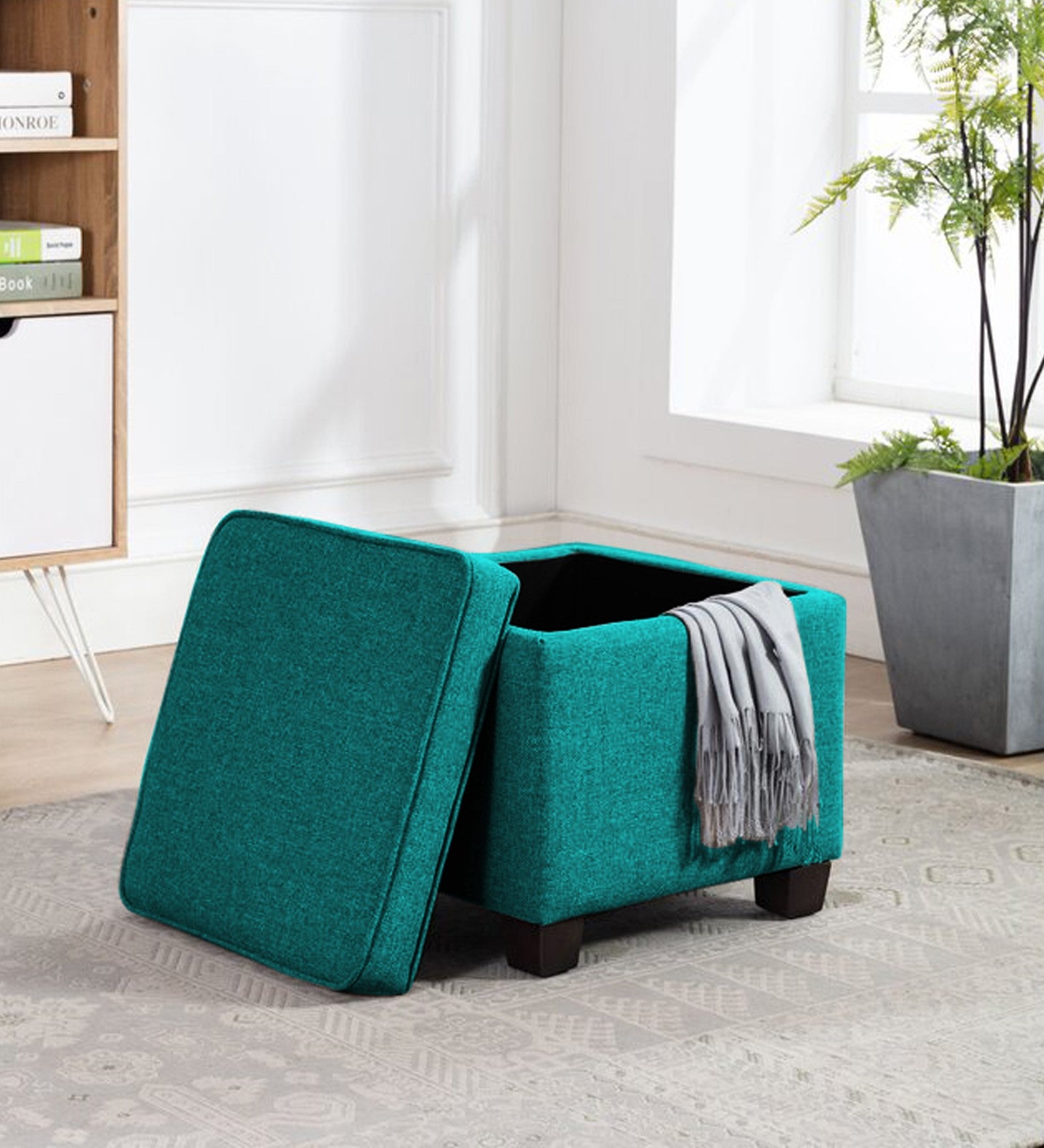 Sudan Fabric Storage Ottoman in Sea Green Colour