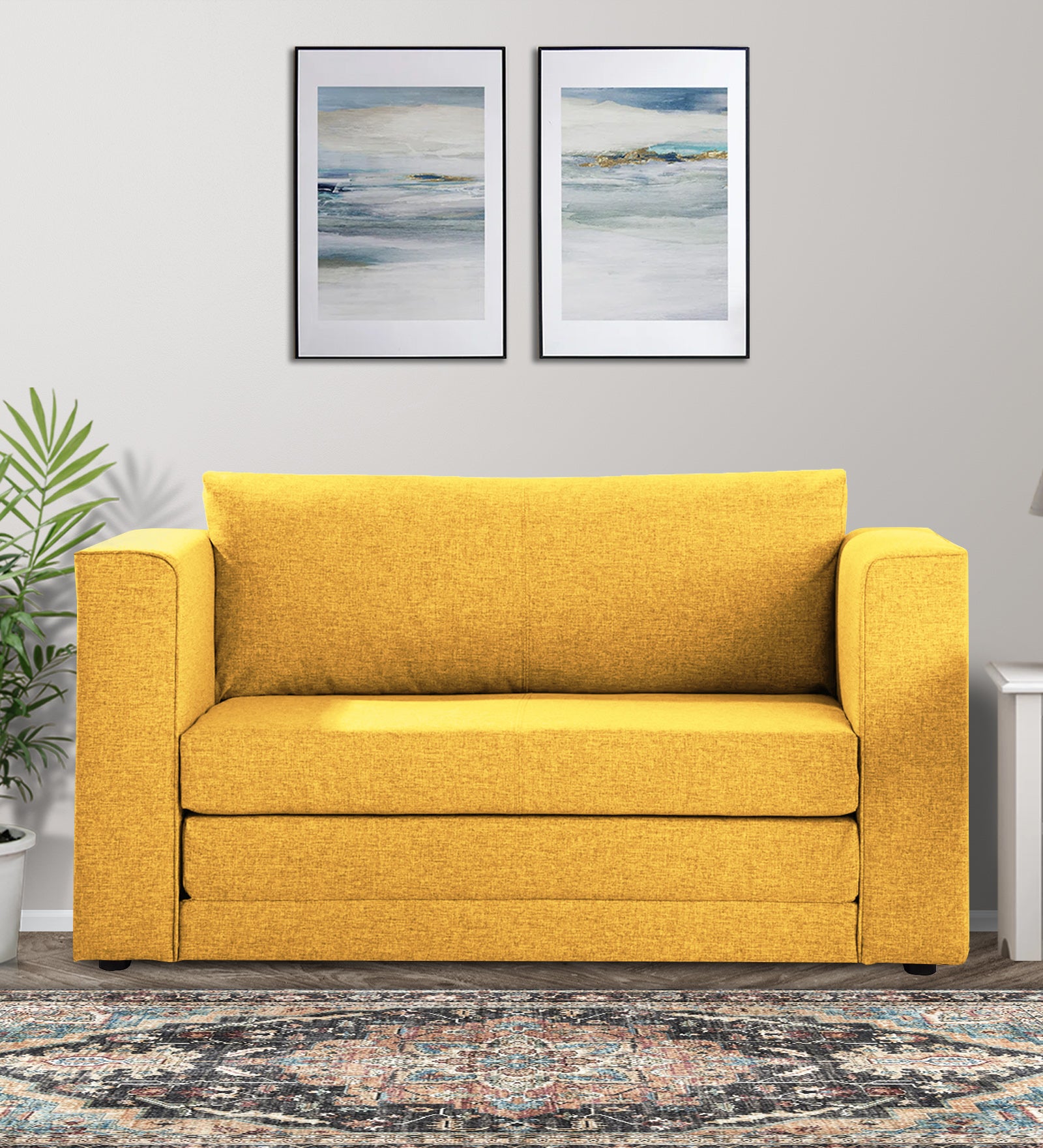 Kenia Fabric 2 Seater Convertible Sofa Cum Bed in Bold Yellow Colour