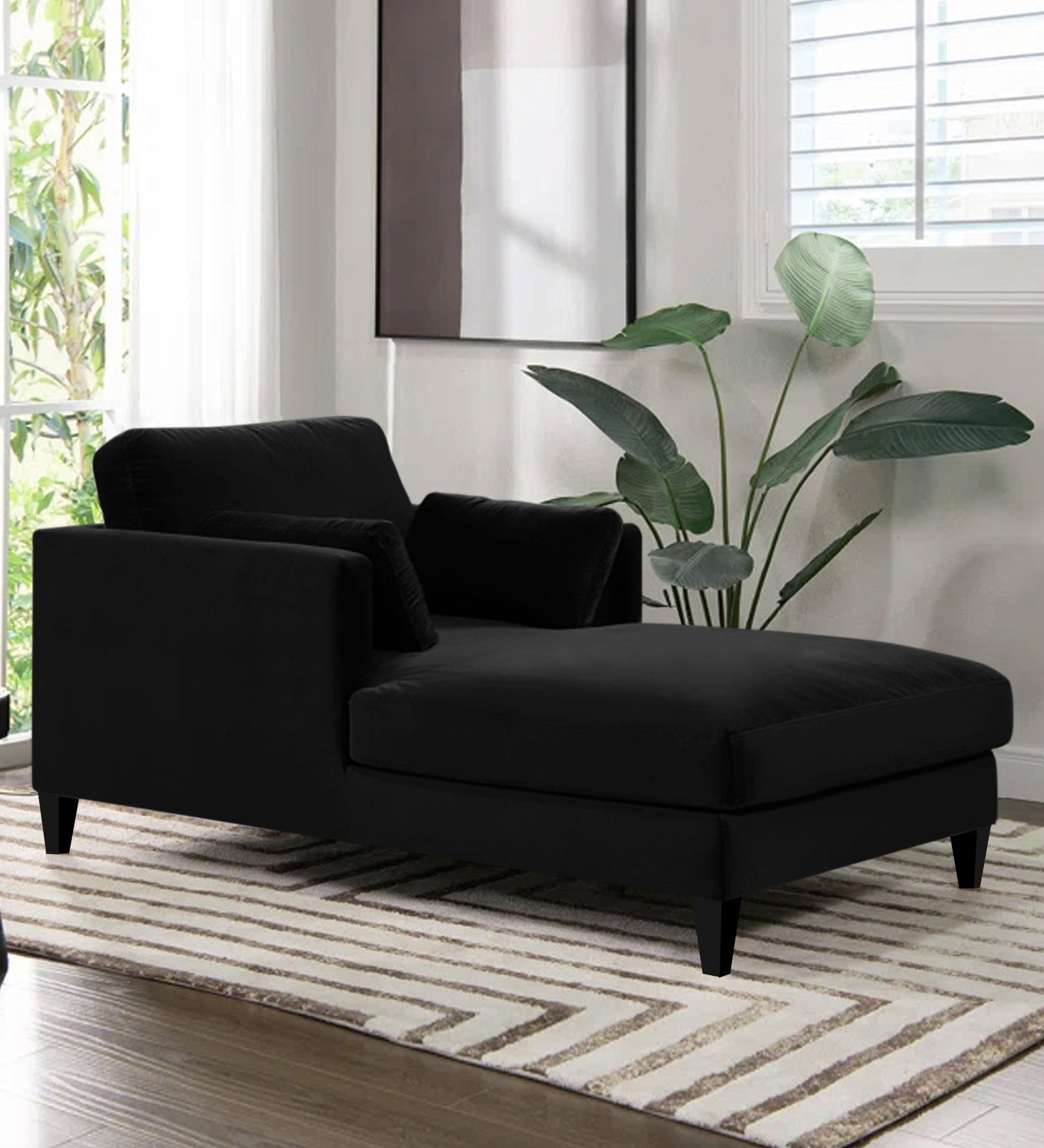 Makou Velvet Chaise Lounger In Adam Black Colour