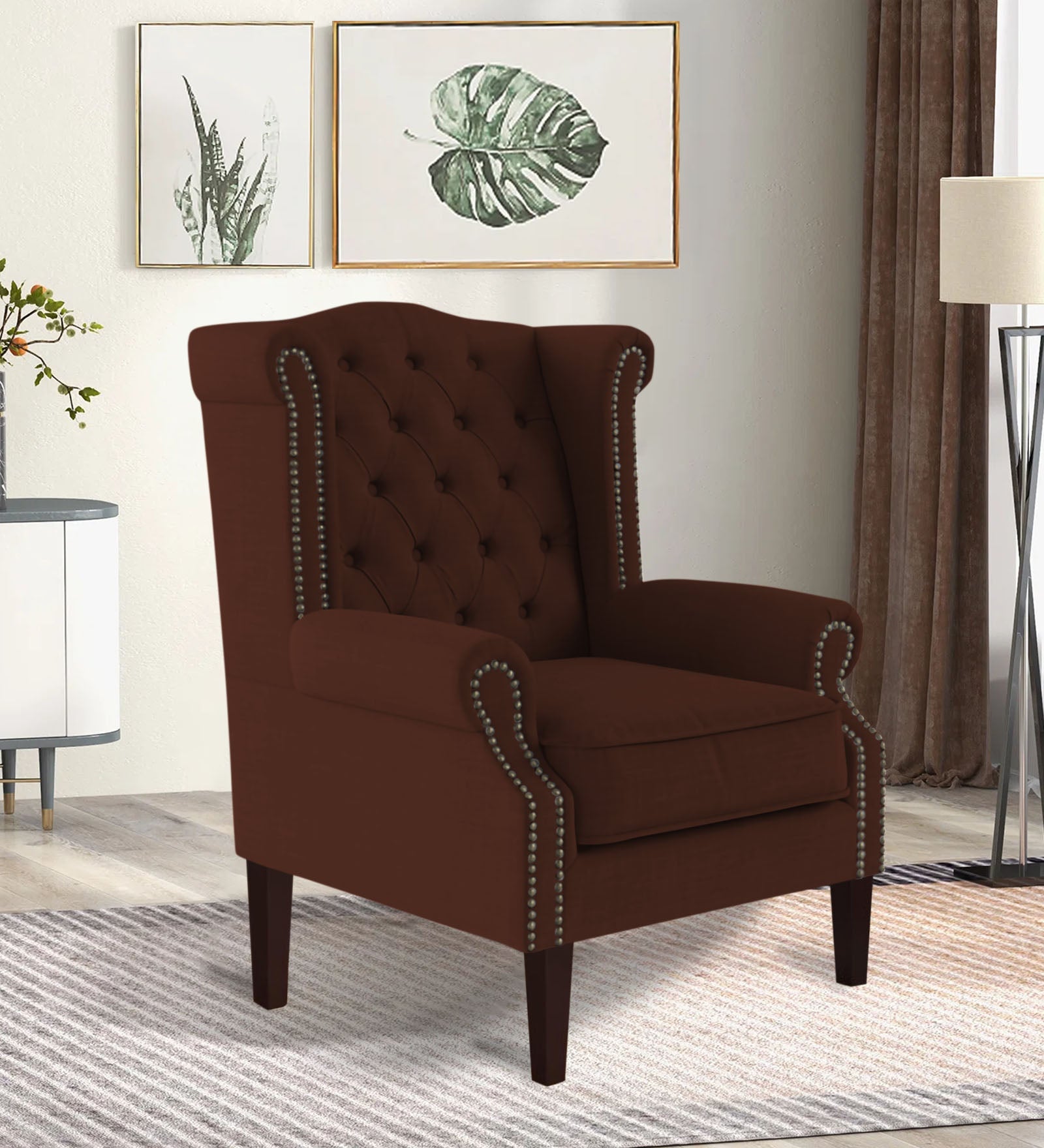 Nottage Fabric Wing Chair in Coffee Brown Colour