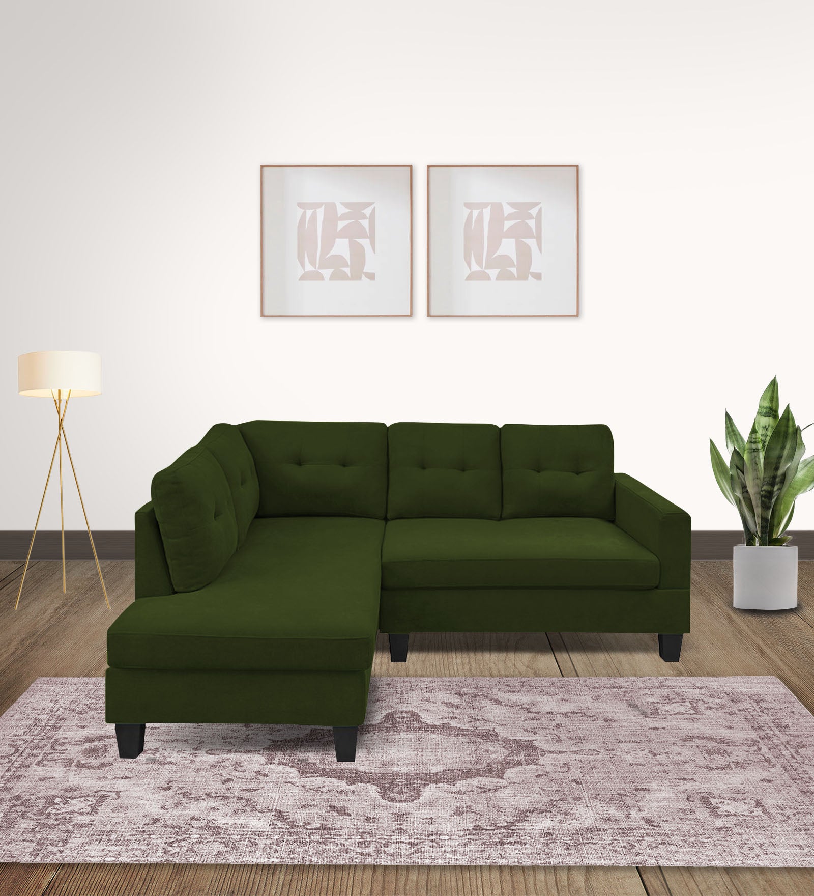 Thomas Fabric RHS Sectional Sofa (2+Lounger) in Olive Green Colour