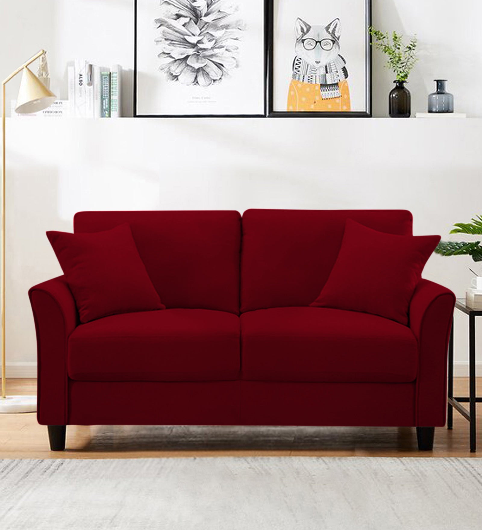Daroo Velvet 2 Seater Sofa In Cherry Red Colour
