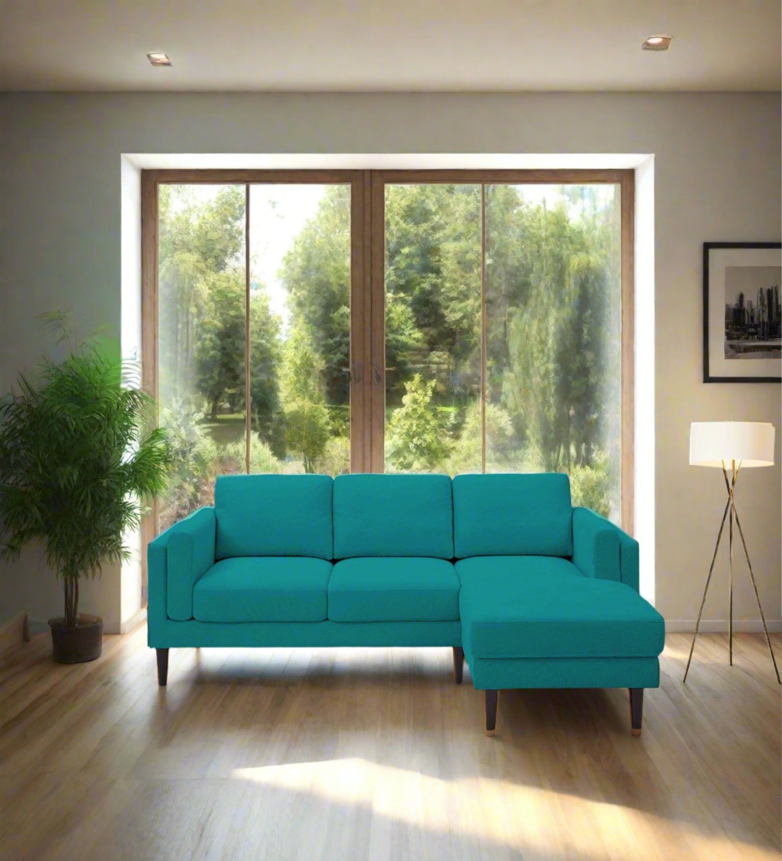 Creata Fabric LHS Sectional Sofa (2+Lounger) in Sea Green Colour by Febonic