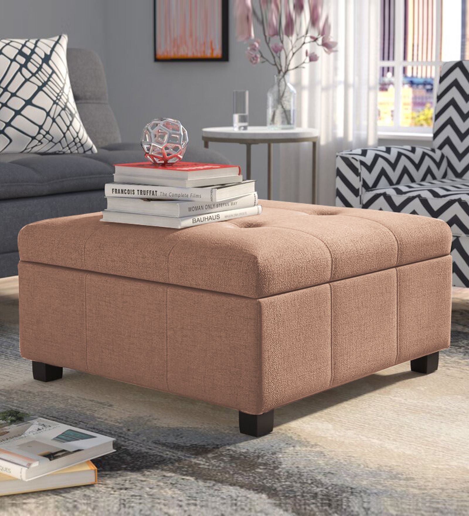 Mubila Fabric Ottoman In Cosmic Beige Colour With Storage