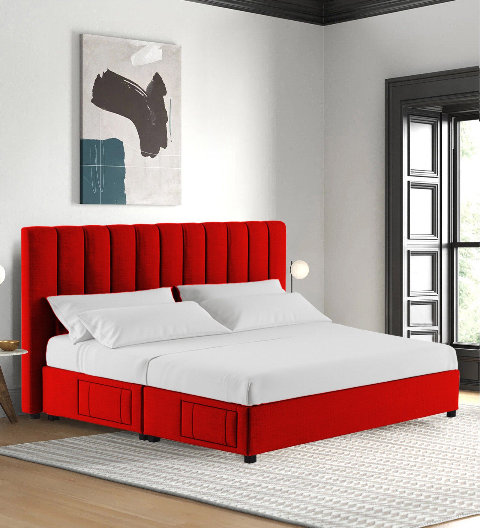 Nivi Fabric King Size Bed In Ruby Red Colour With Drawer Storage