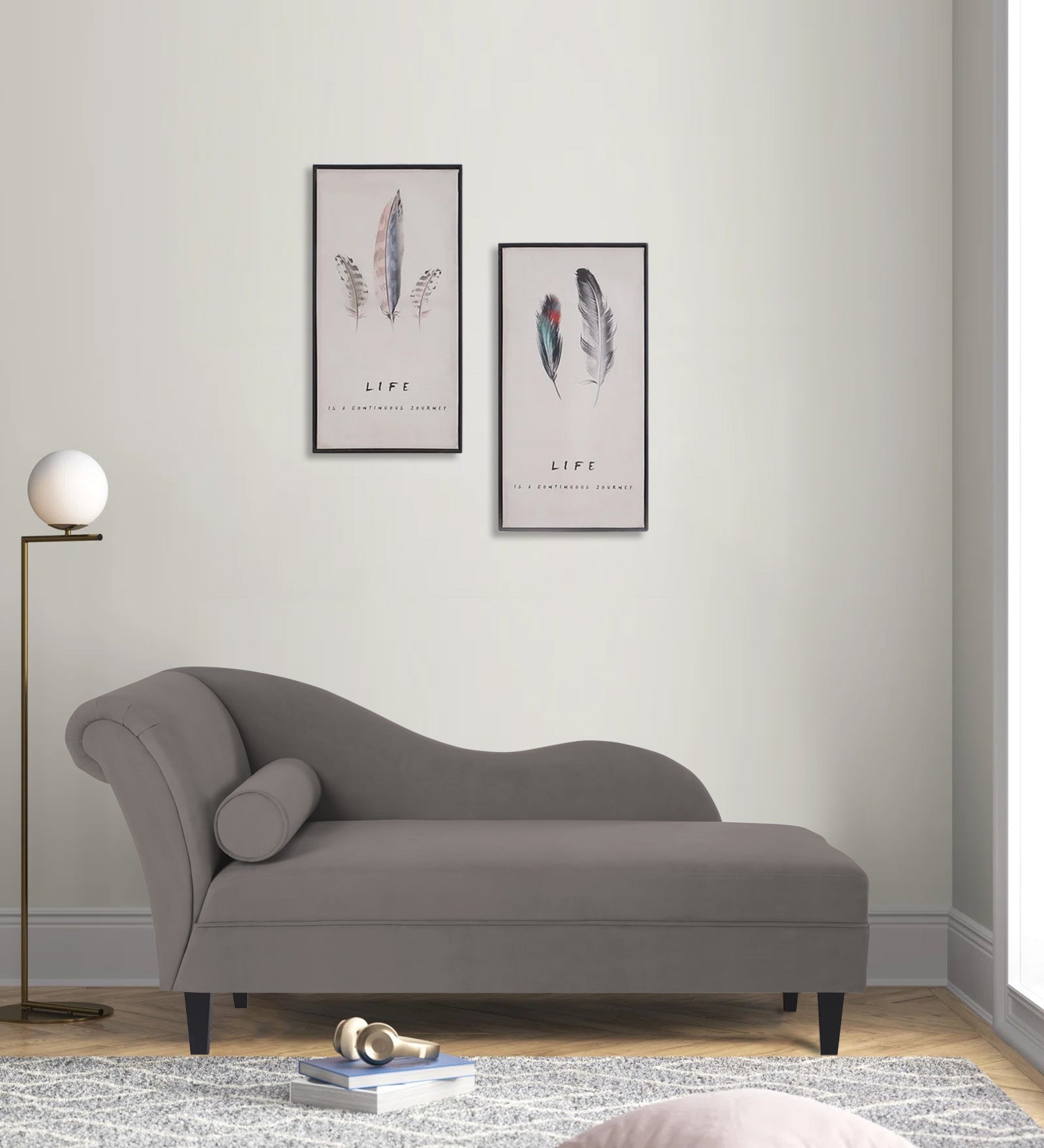 Rana Velvet RHS Chaise Lounger In Pearl grey Colour