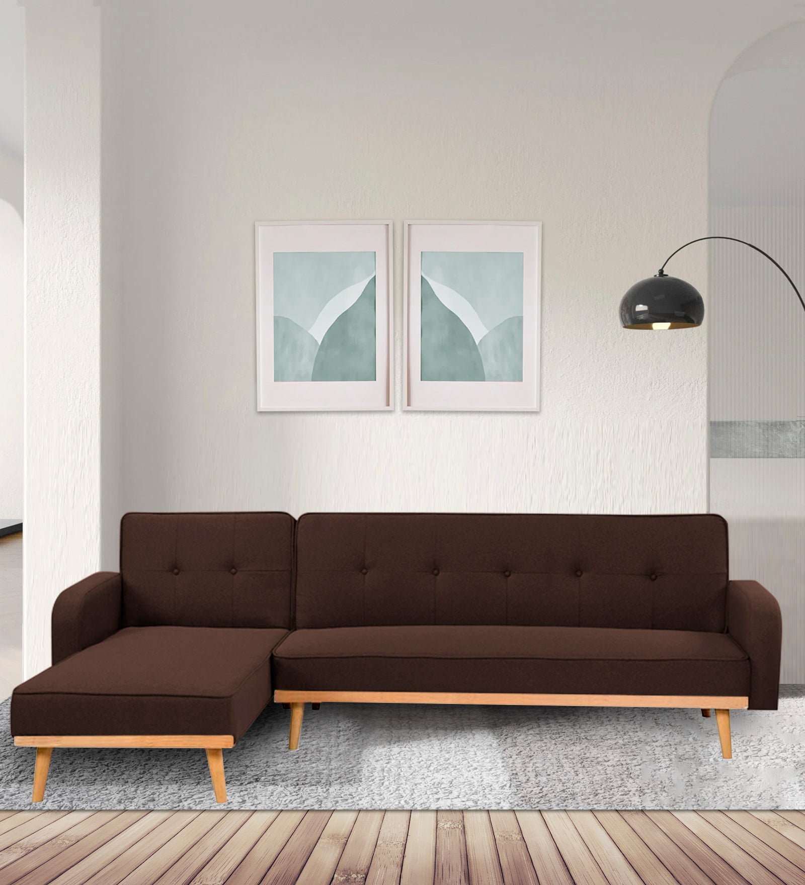 Zuno Fabric RHS Sectional + Sofa Cum Bed In Coffee Brown Colour