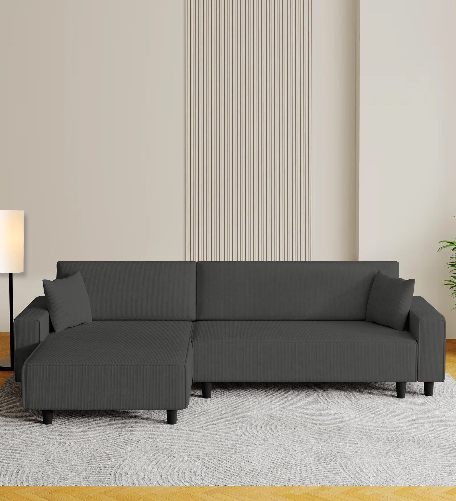 Peach Fabric RHS 6 Seater Sectional Sofa Cum Bed With Storage In Charcoal Grey Colour