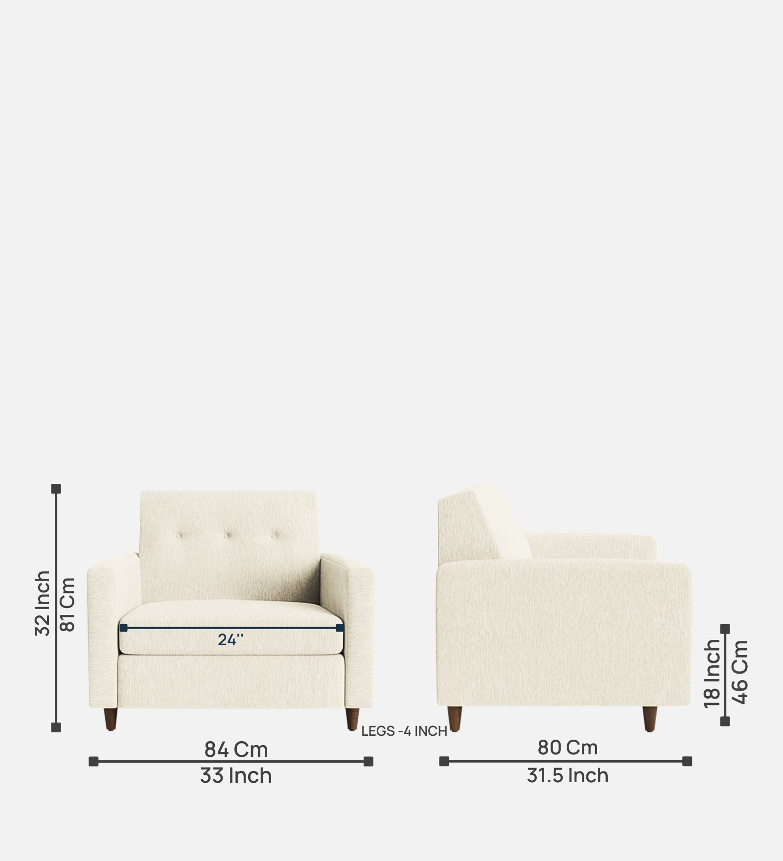 Timon Fabric 1 Seater Sofa in Ivory Cream Colour