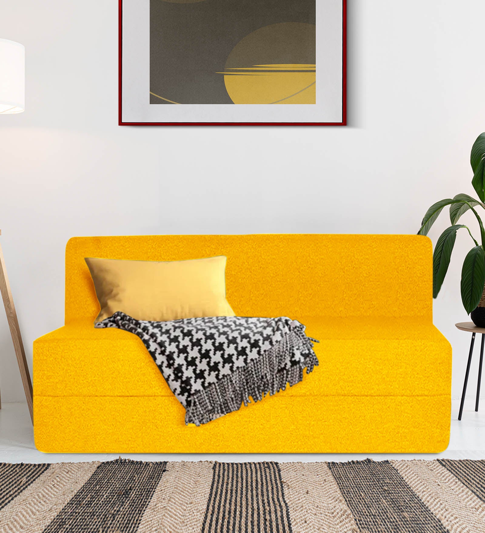 Fleepy Fabric 2 Seater Futon Sofa Cum Bed in Bold Yellow Colour