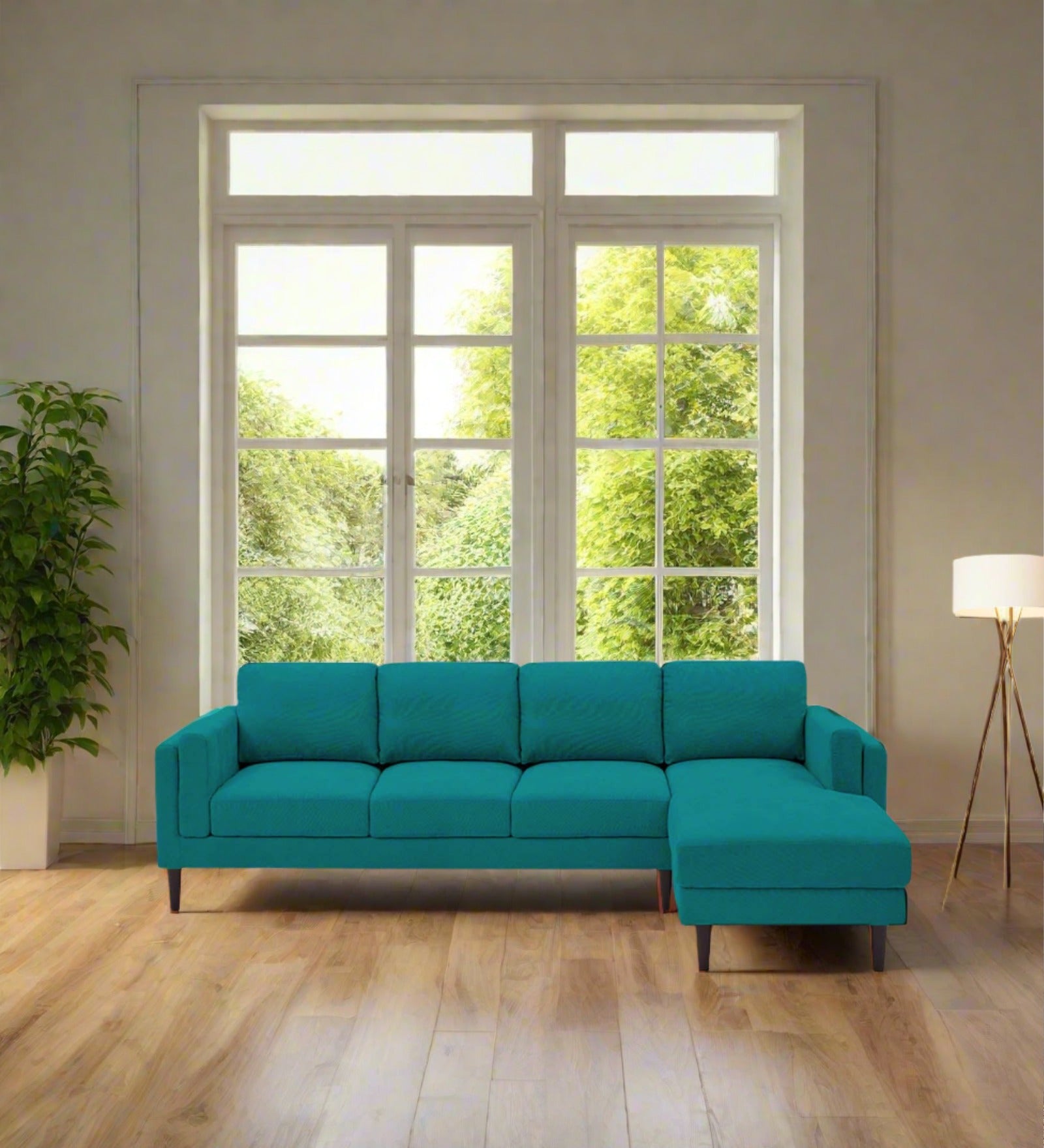 Creata Fabric LHS Sectional Sofa (3+Lounger) in Sea Green Colour by Febonic