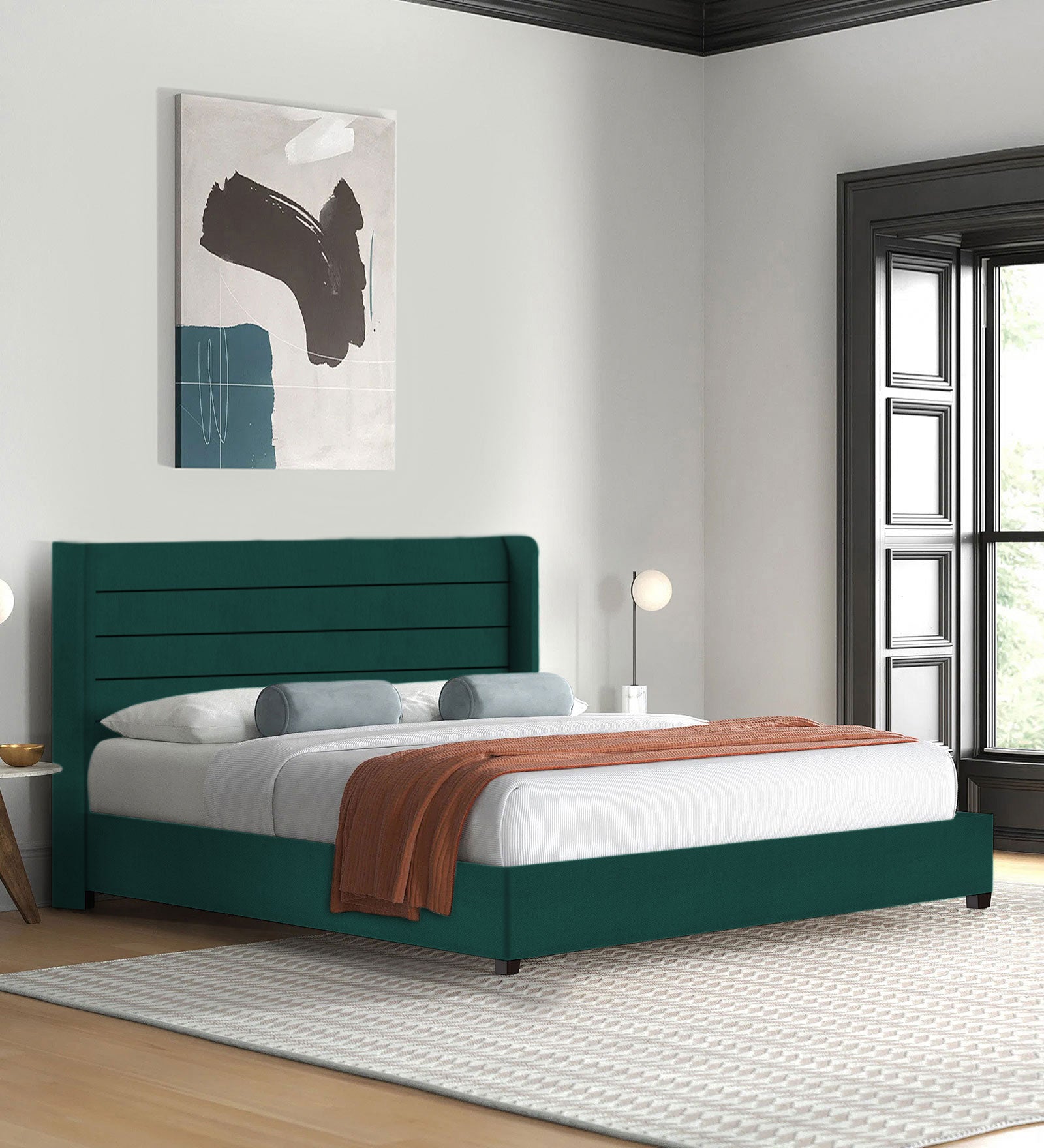 Caliya Velvet Queen Size Bed In Forest Green Colour