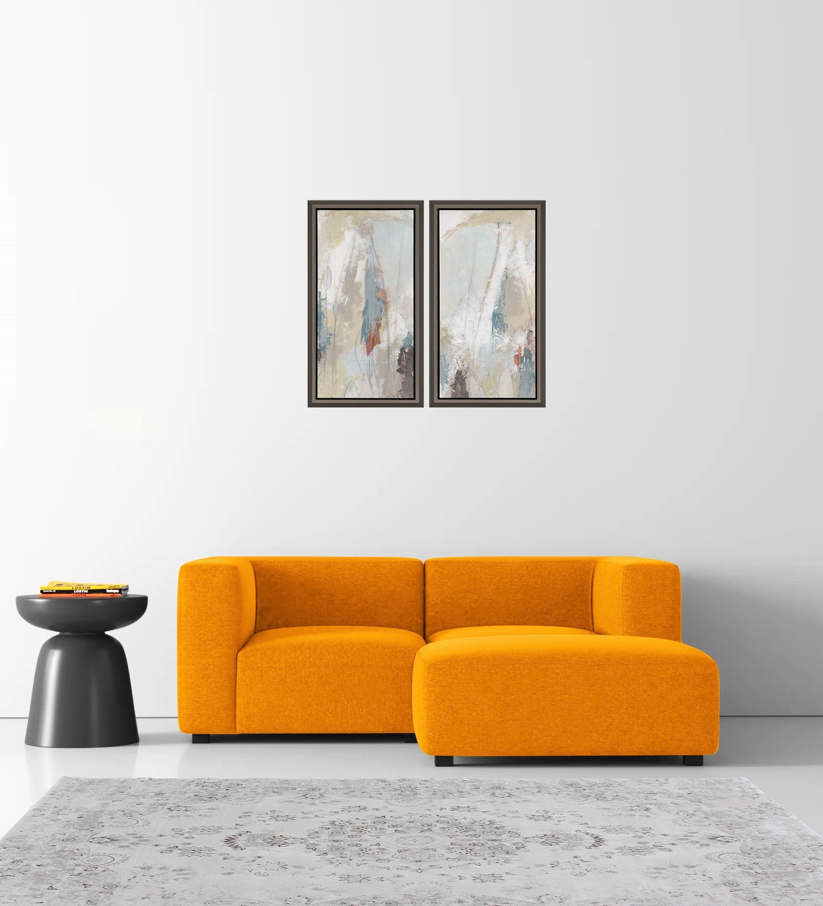 Dora Velvet LHS Sectional Sofa (2+Ottoman) In Saffron Yellow Colour