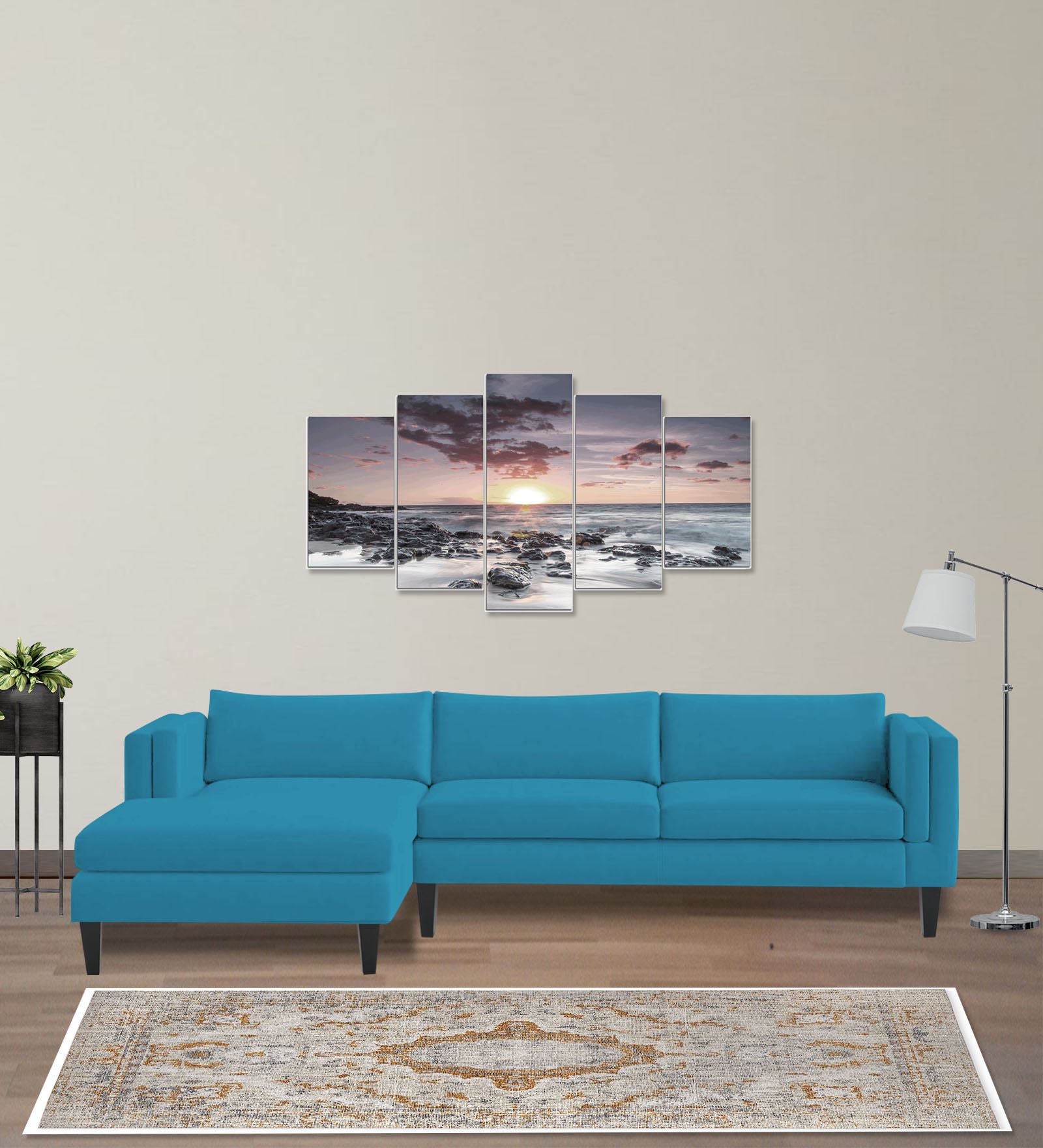 Jasper Velvet RHS Sectional Sofa (3+Lounger) in Aqua blue Colour