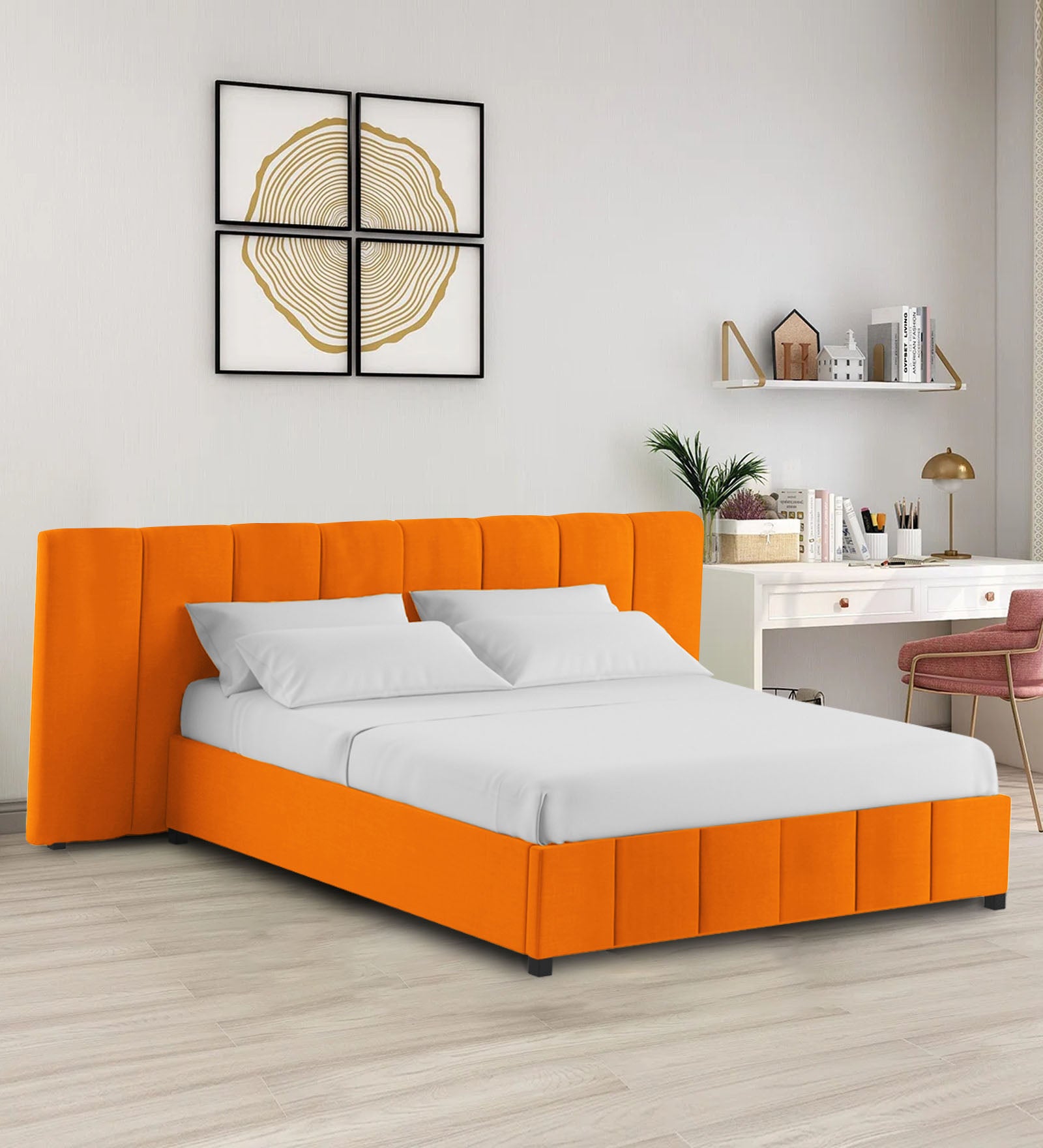 Nora Fabric Queen Size Bed In Vivid Orange Colour