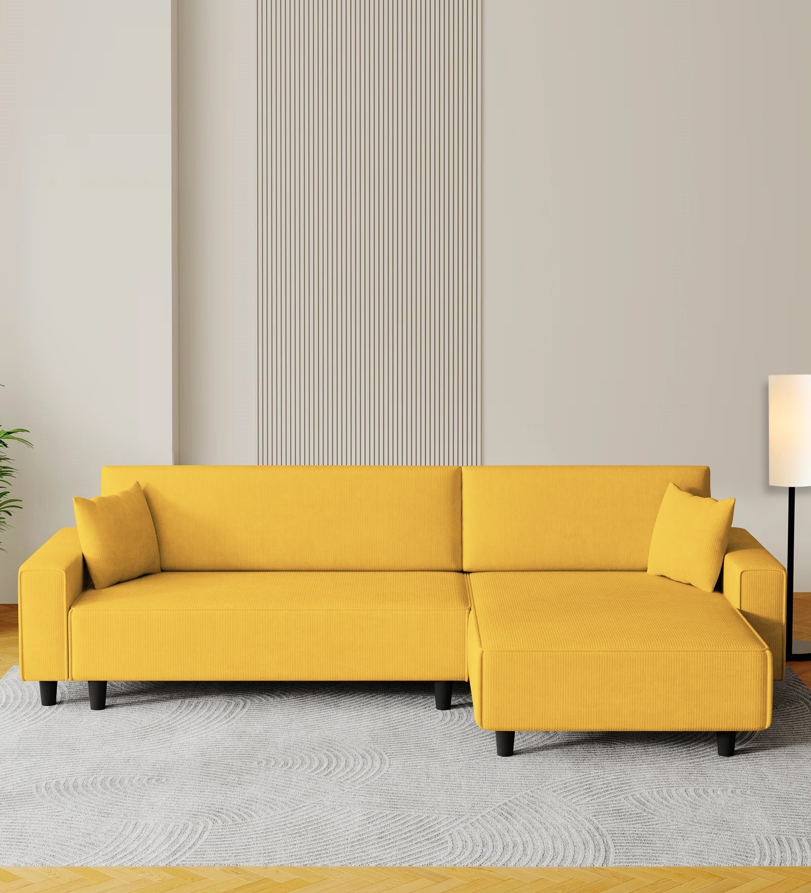 Peach Fabric LHS 6 Seater Sectional Sofa Cum Bed With Storage In Bold Yellow Colour