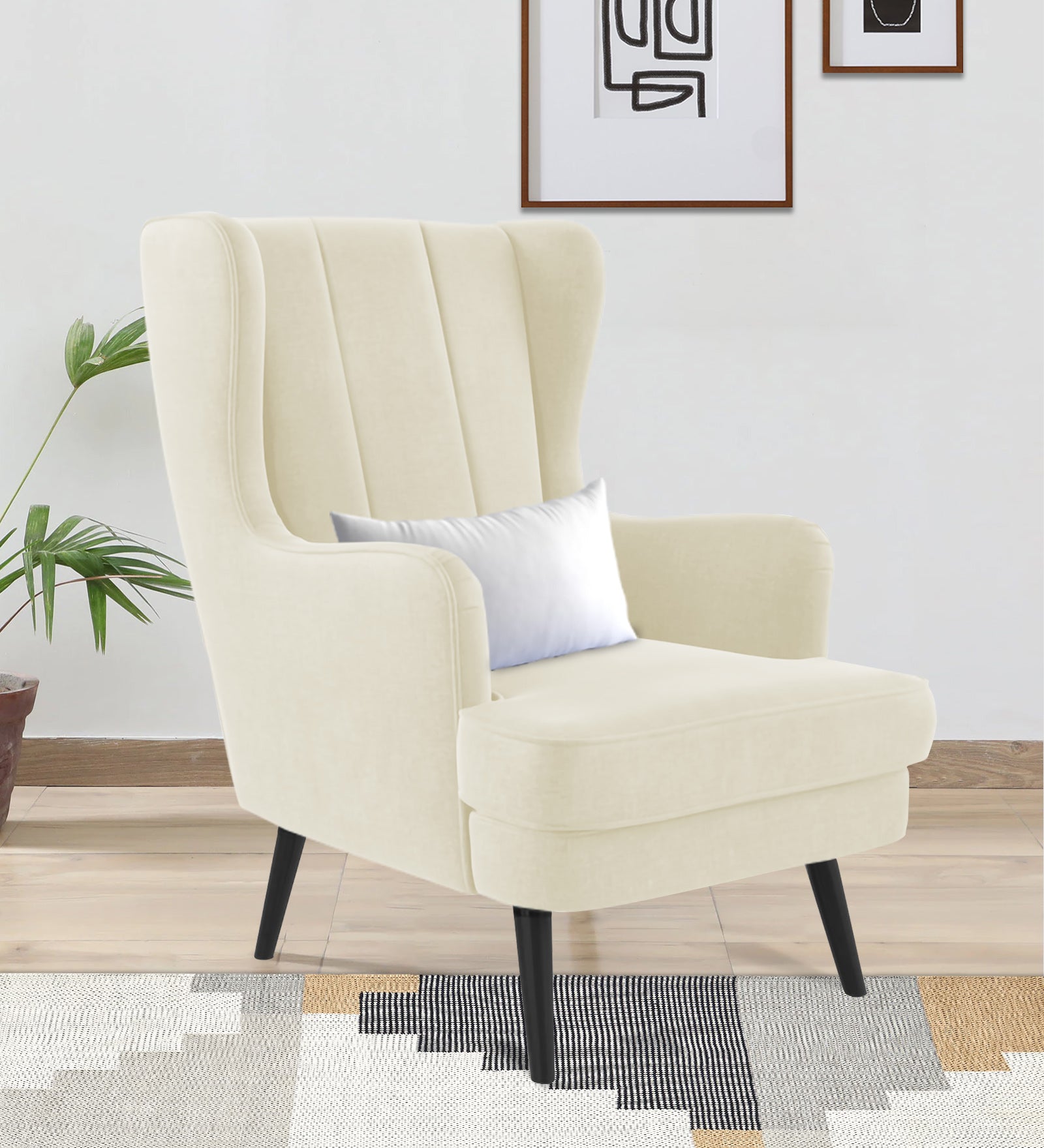 Niya Velvet 1 Seater Wing Chair in Warm White Colour