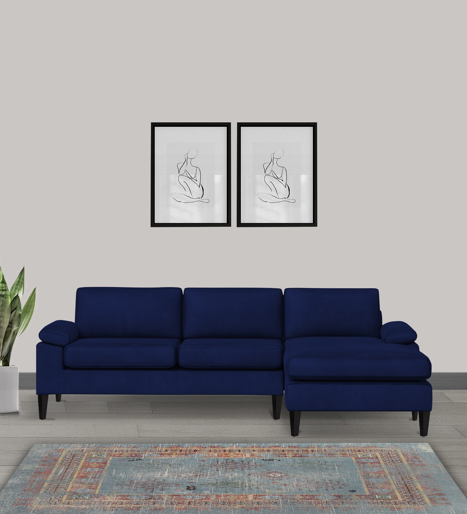 Vegas Velvet LHS Sectional Sofa (3+Lounger) In Imperial Blue Colour