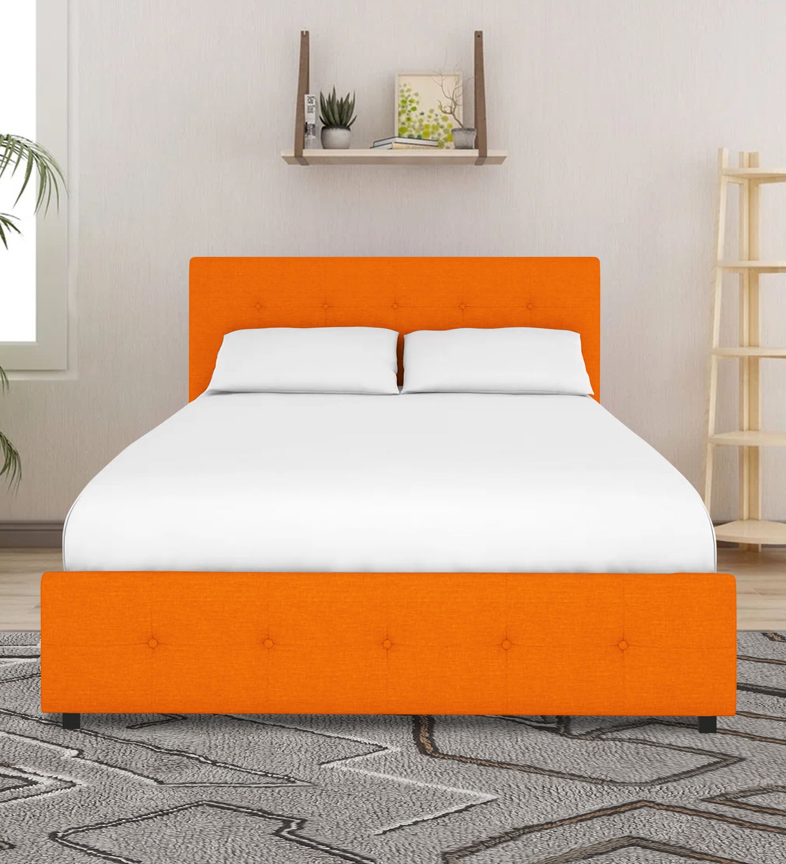 Lido Fabric Queen Size Bed In Vivid Orange Colour With Storage