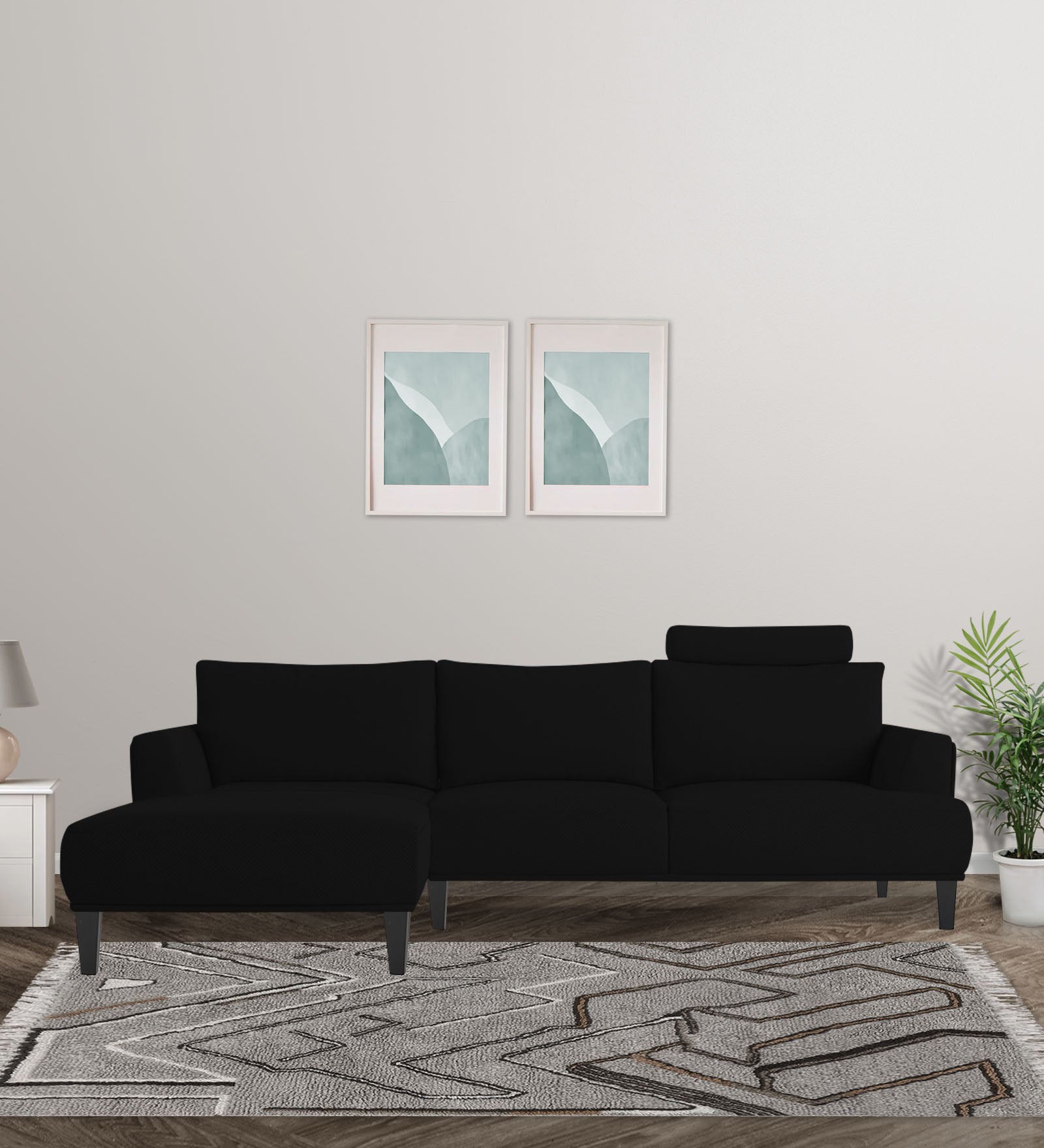 Como Fabric RHS Sectional Sofa (3+Lounger) in Zed Black Colour