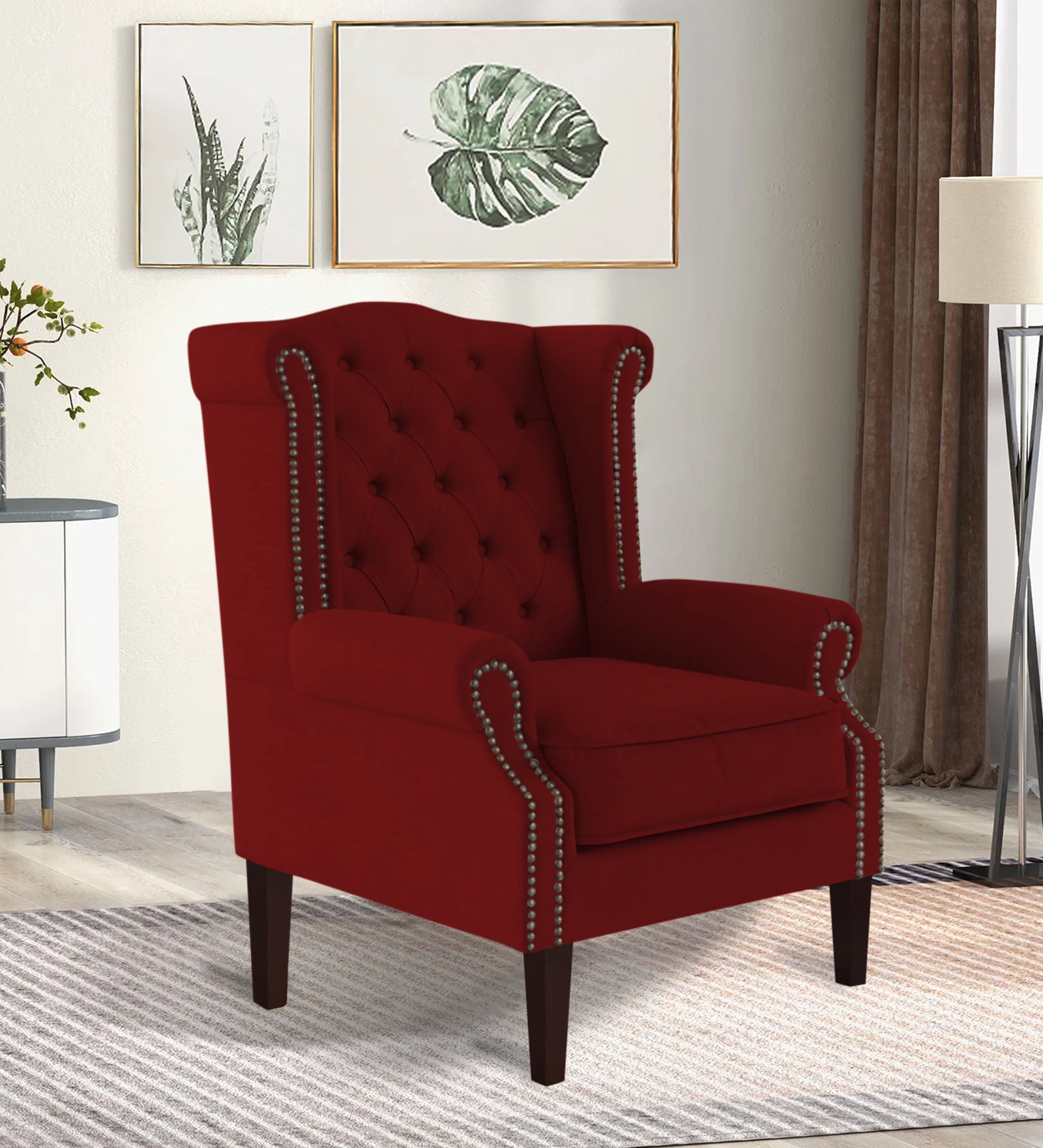 Nottage Fabric Wing Chair in Blood Maroon Colour