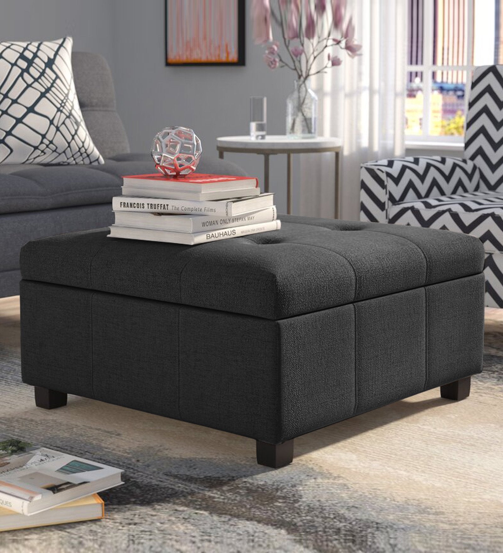 Balkan Fabric Ottoman In Charcoal Grey Colour