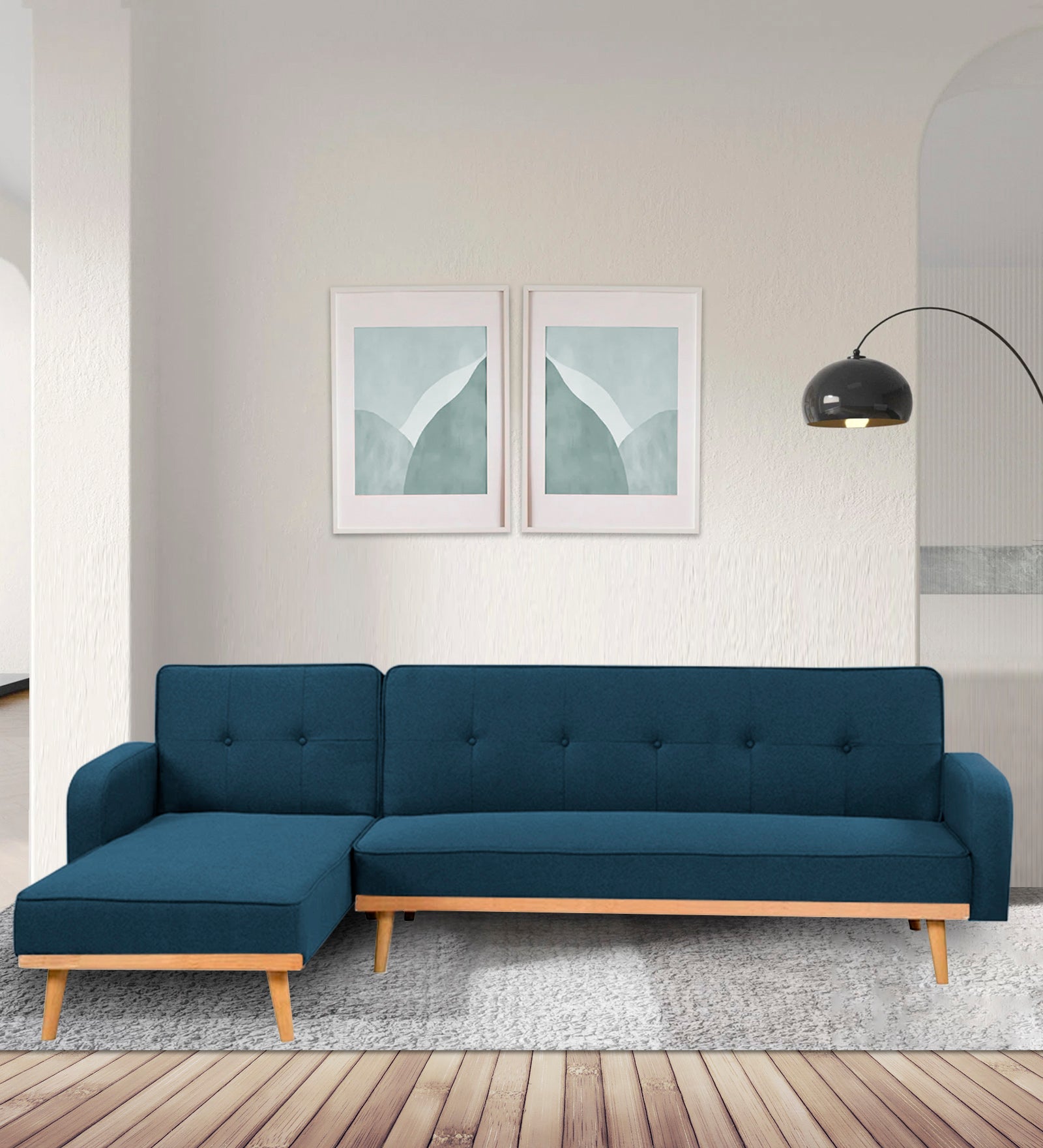 Zuno Fabric RHS Sectional + Sofa Cum Bed In Light Blue Colour